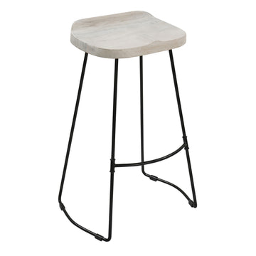 Tiva 30 Inch Handcrafted Backless Barstool, Whitewashed Mango Wood Saddle Seat, Black Metal Base Black White Metal & Wood