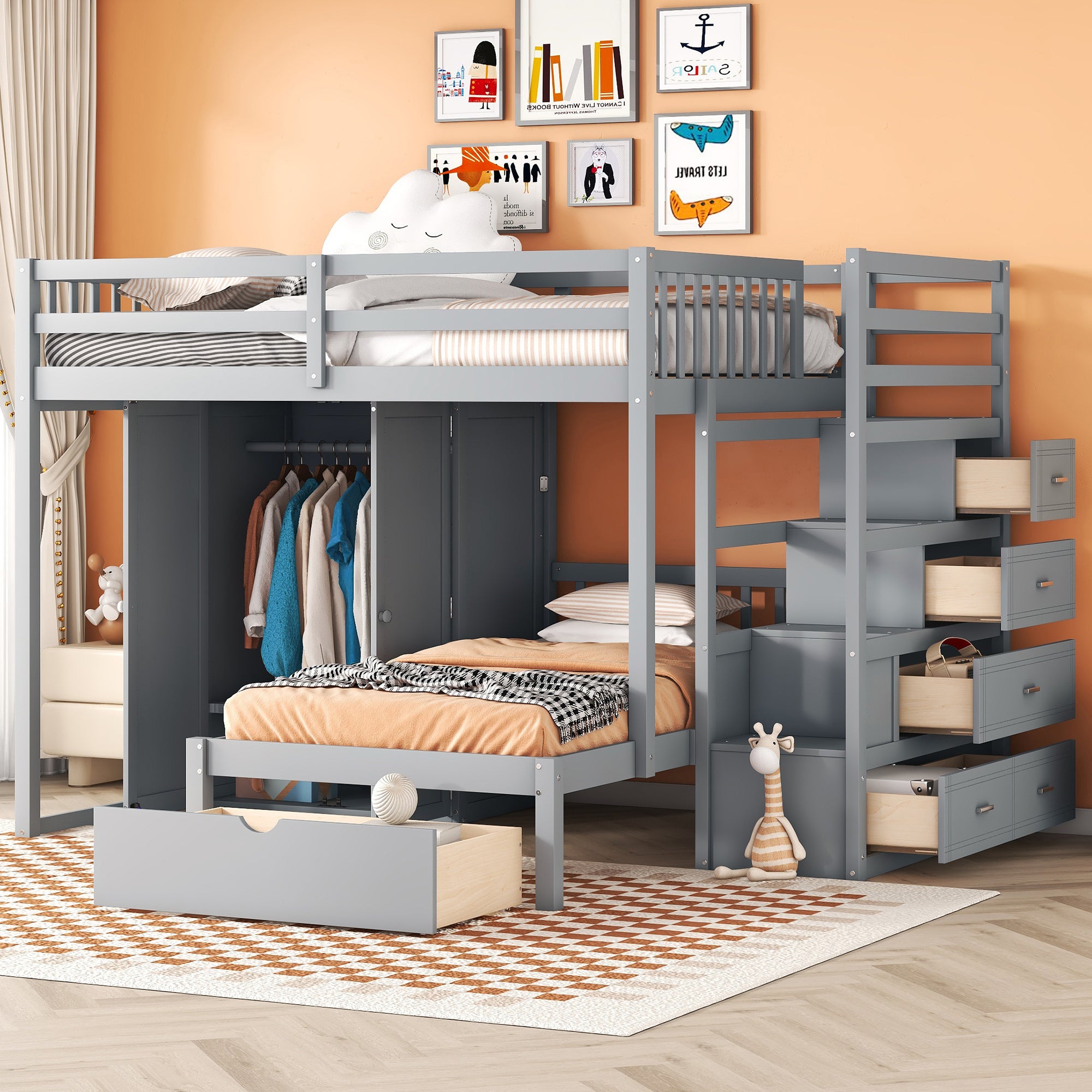 Full Over Twin Bunk Bed With Wardrobe, Drawers, Gray Gray Solid Wood