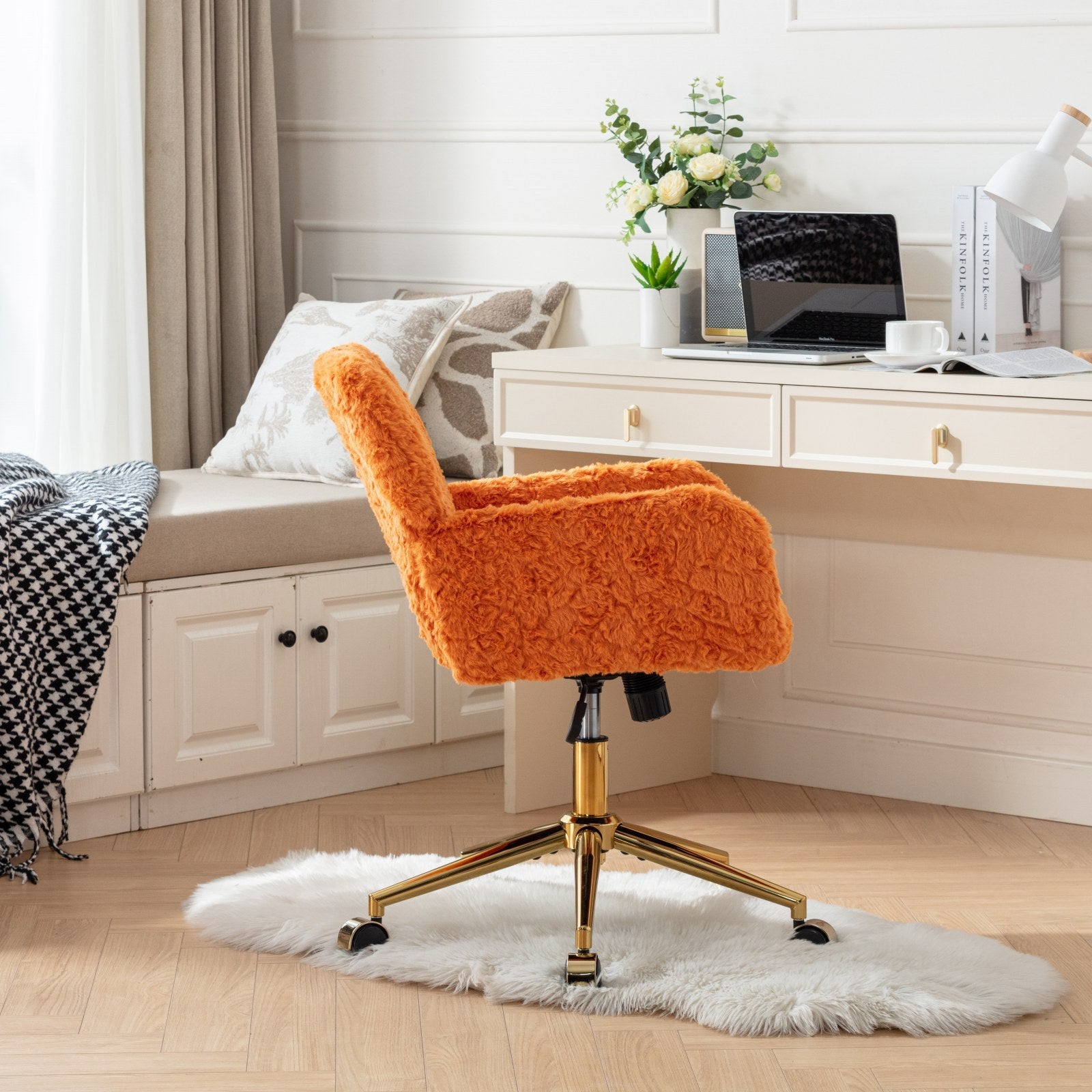 Office Chair,Artificial Rabbit Hair Home Office Chair With Golden Metal Base,Adjustable Desk Chair Swivel Office Chair,Vanity Chair Orange Orange Bedroom Foam Upholstered