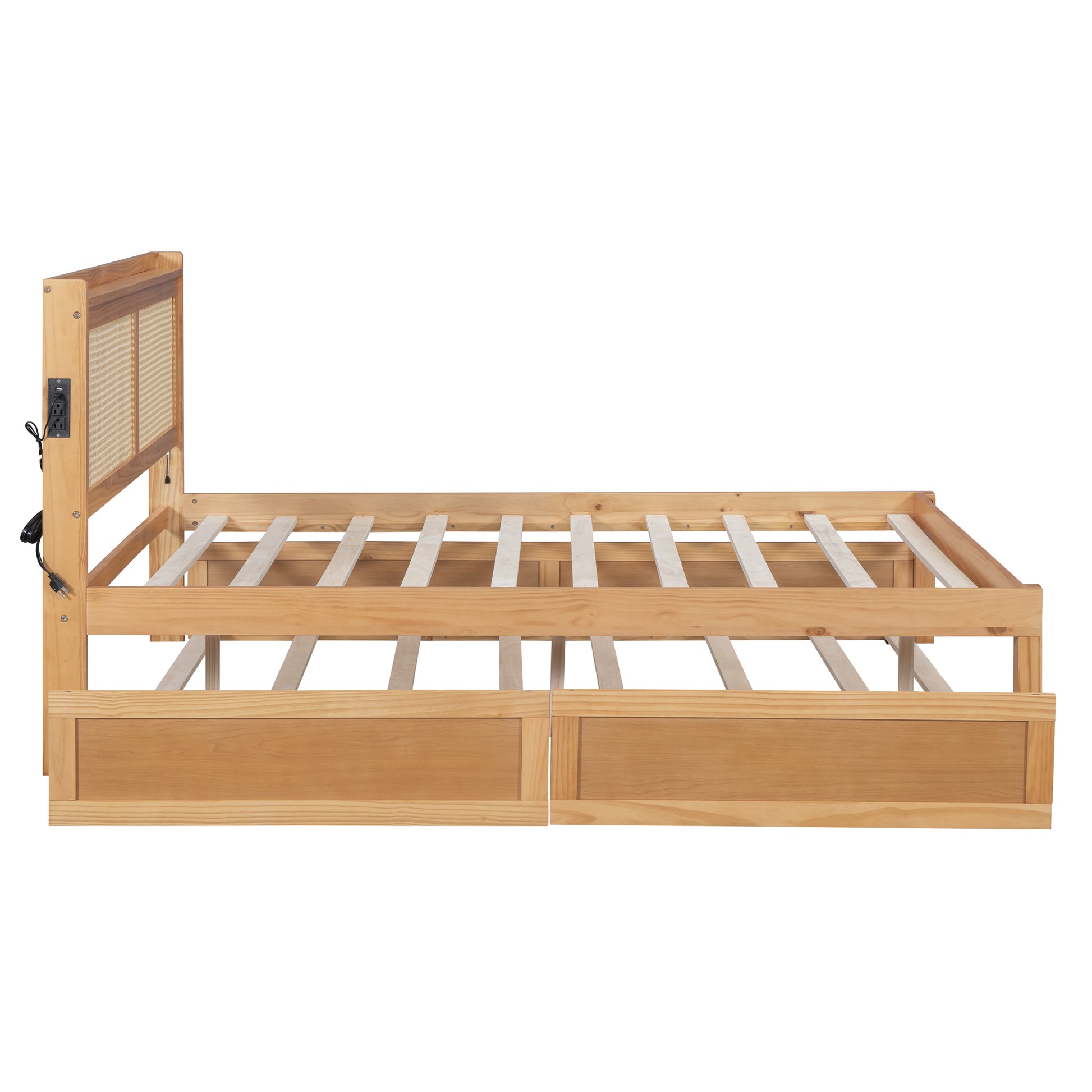 Full Size Elegant Bed Frame With Rattan Headboard And Sockets ,Natural Full Natural Rattan