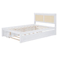 Full Size Elegant Bed Frame With Rattan Headboard And Sockets ,White Full White Rattan