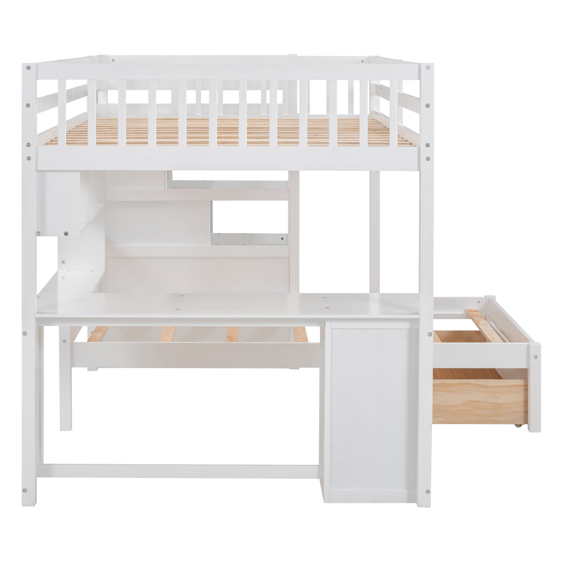 Full Over Twin Bunk Bed With Desk, Drawers And Shelves, White White Solid Wood