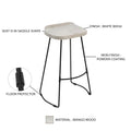 Tiva 30 Inch Handcrafted Backless Barstool, Whitewashed Mango Wood Saddle Seat, Black Metal Base Black White Metal & Wood