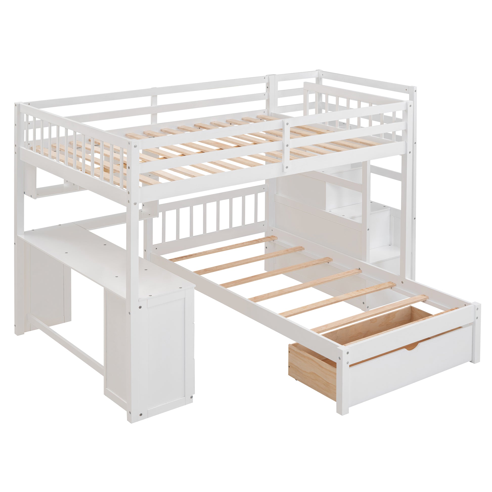 Full Over Twin Bunk Bed With Desk, Drawers And Shelves, White White Solid Wood