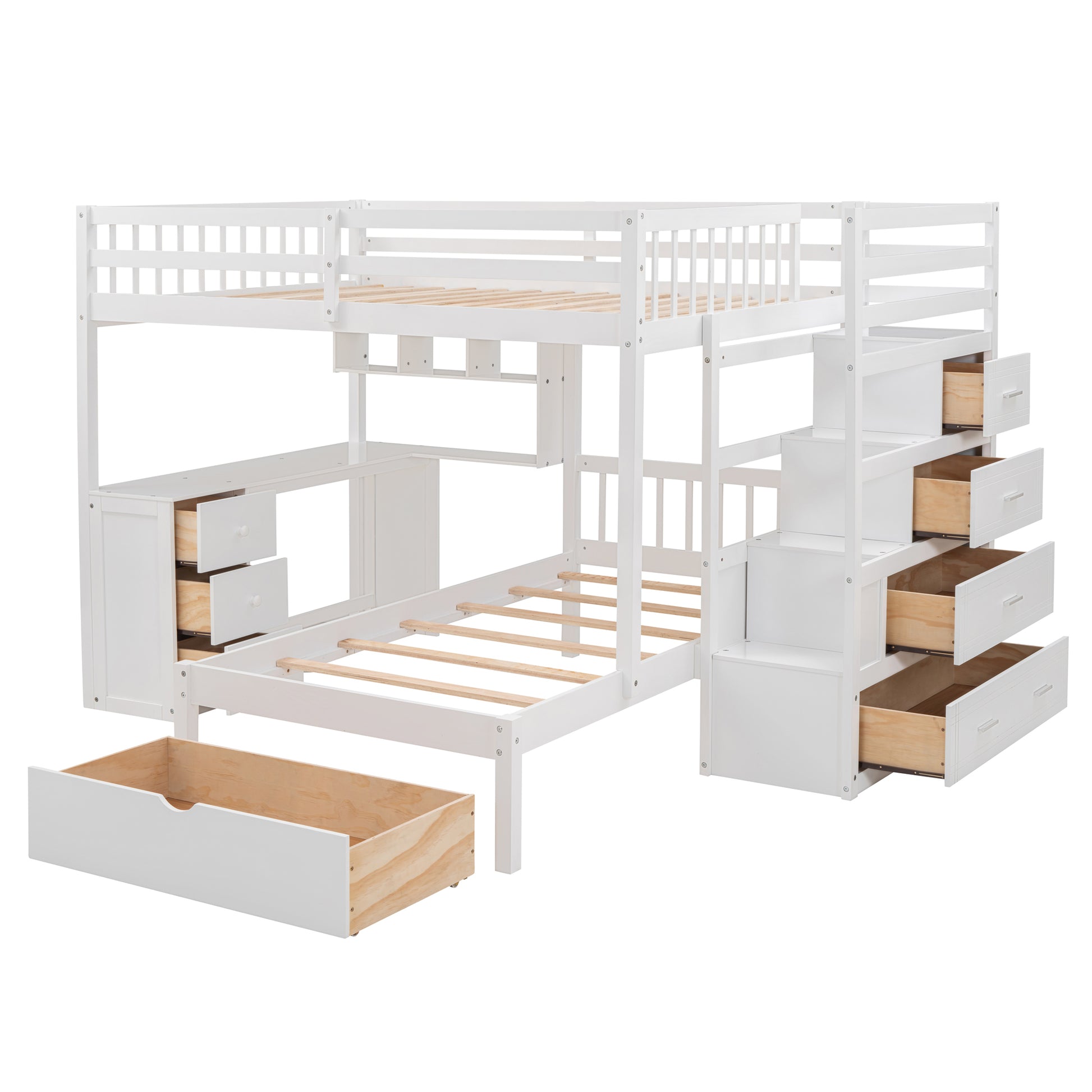 Full Over Twin Bunk Bed With Desk, Drawers And Shelves, White White Solid Wood