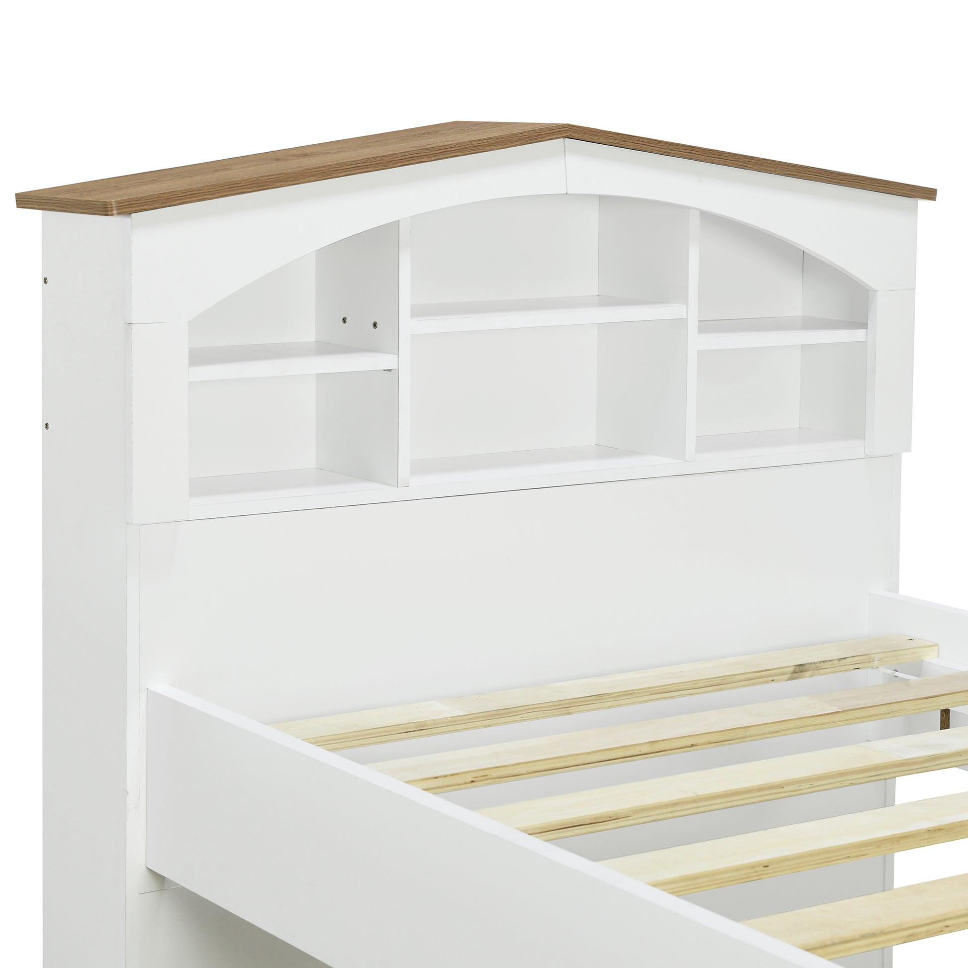 Twin Size Wood Platform Bed With House Shaped Storage Headboard And Trundle, White Box Spring Not Required Twin White Wood Bedroom Bed Frame Solid Wood Mdf