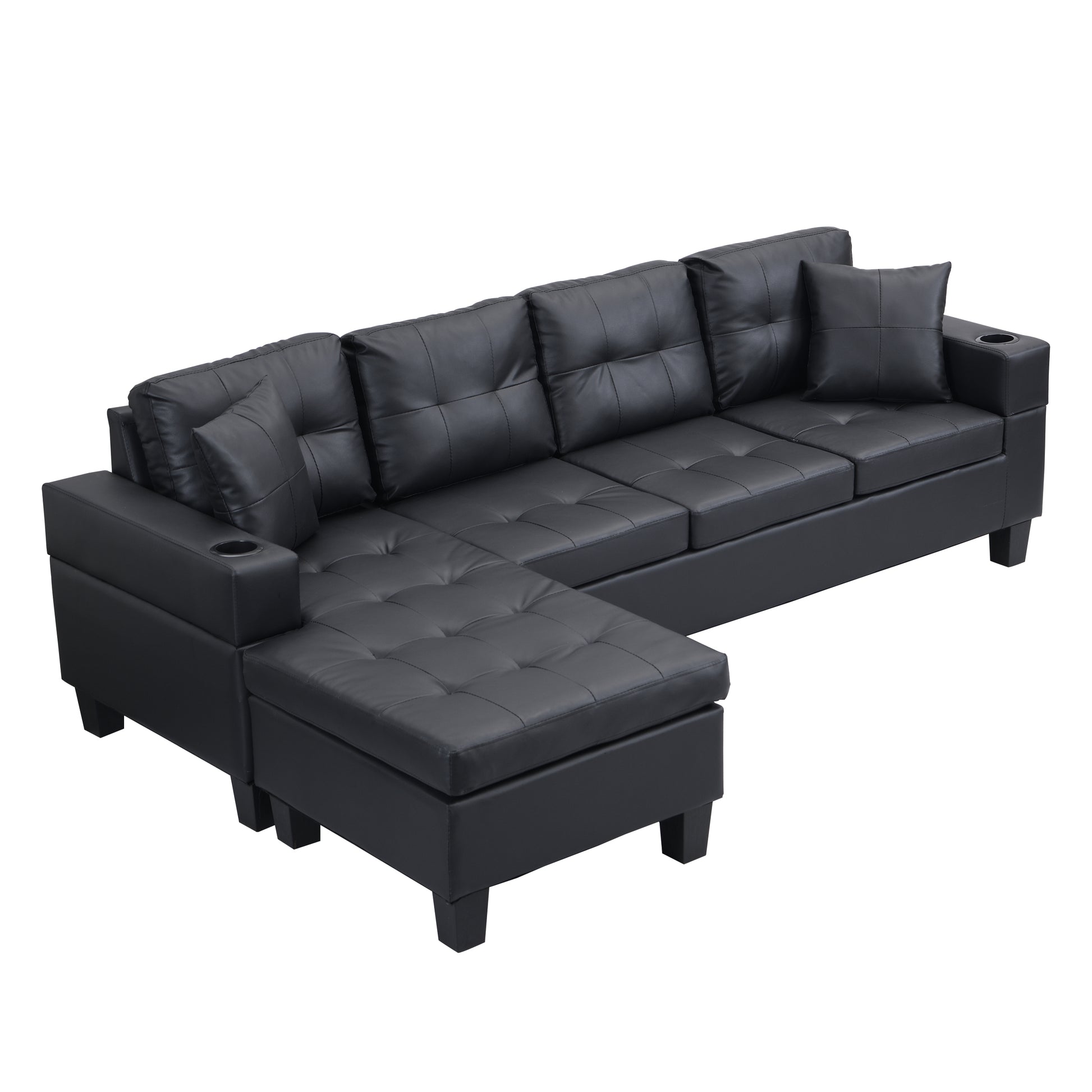 Sectional Sofa Set For Living Room With L Shape Chaise Lounge ,Cup Holder And Left Or Right Hand Chaise Modern 4 Seat Black Black Pu