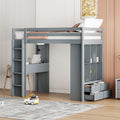 Twin Size Loft Bed With Large Shelves, Writing Desk And Led Light, Gray Gray Solid Wood Mdf