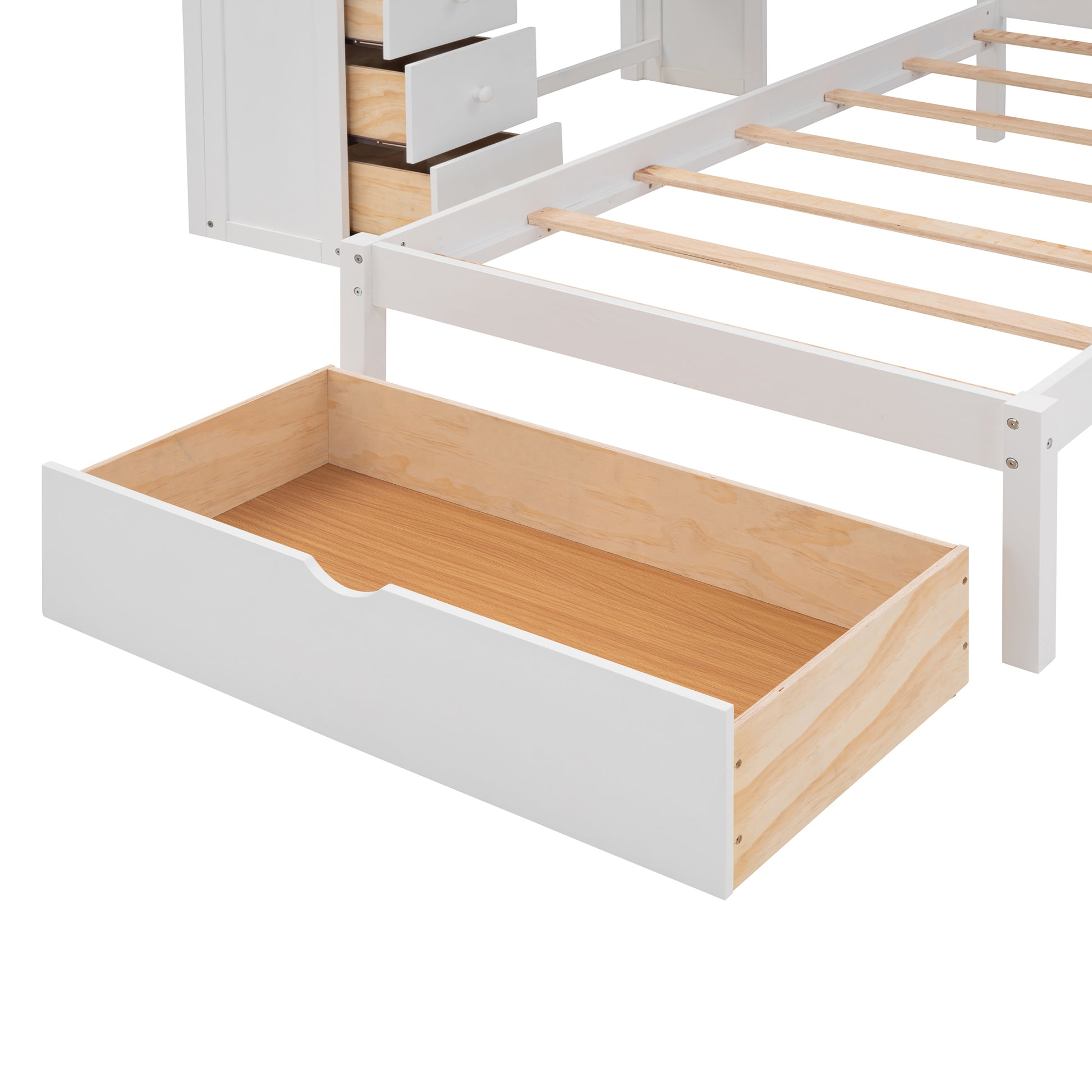 Full Over Twin Bunk Bed With Desk, Drawers And Shelves, White White Solid Wood