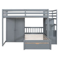 Full Over Twin Bunk Bed With Wardrobe, Drawers, Gray Gray Solid Wood