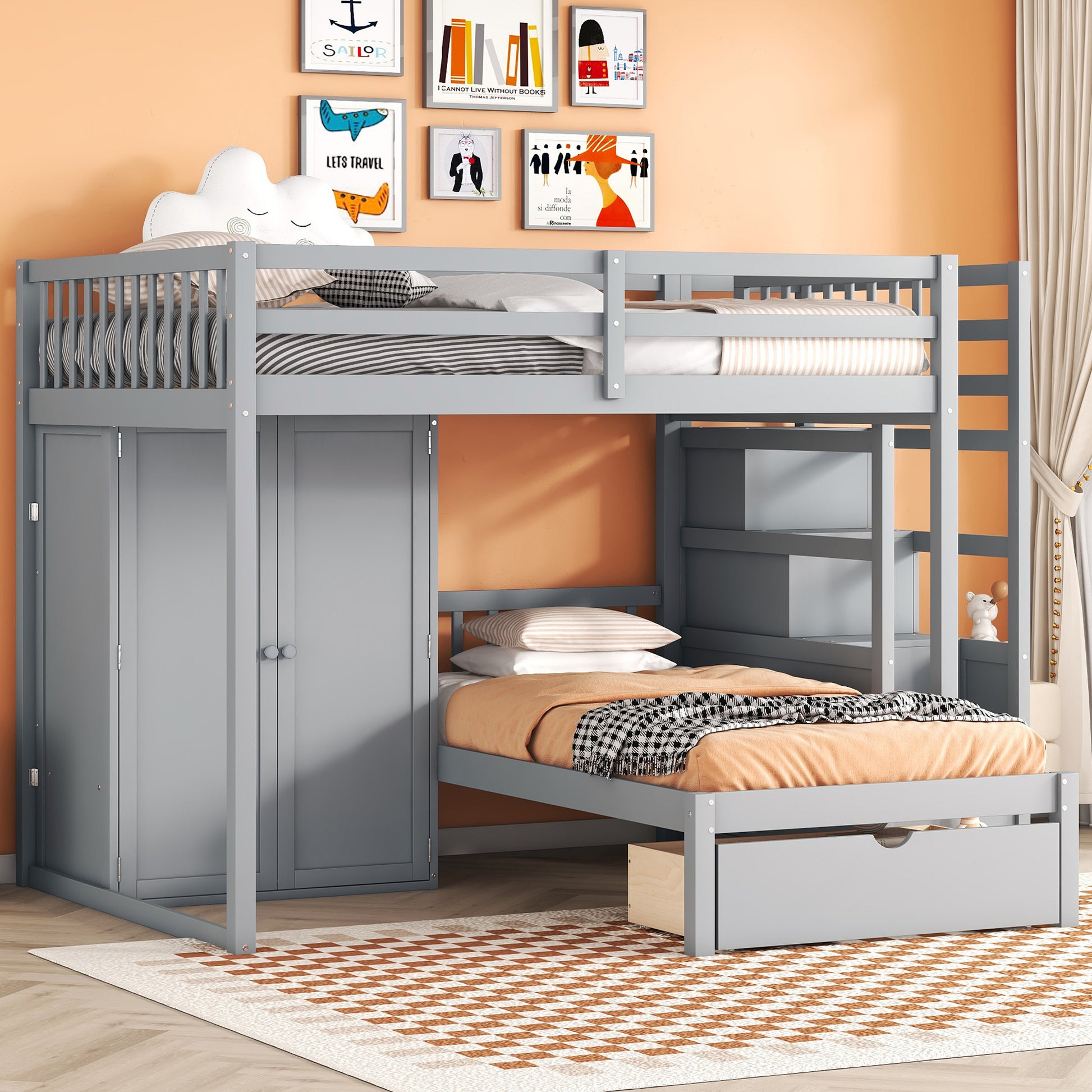 Full Over Twin Bunk Bed With Wardrobe, Drawers, Gray Gray Solid Wood