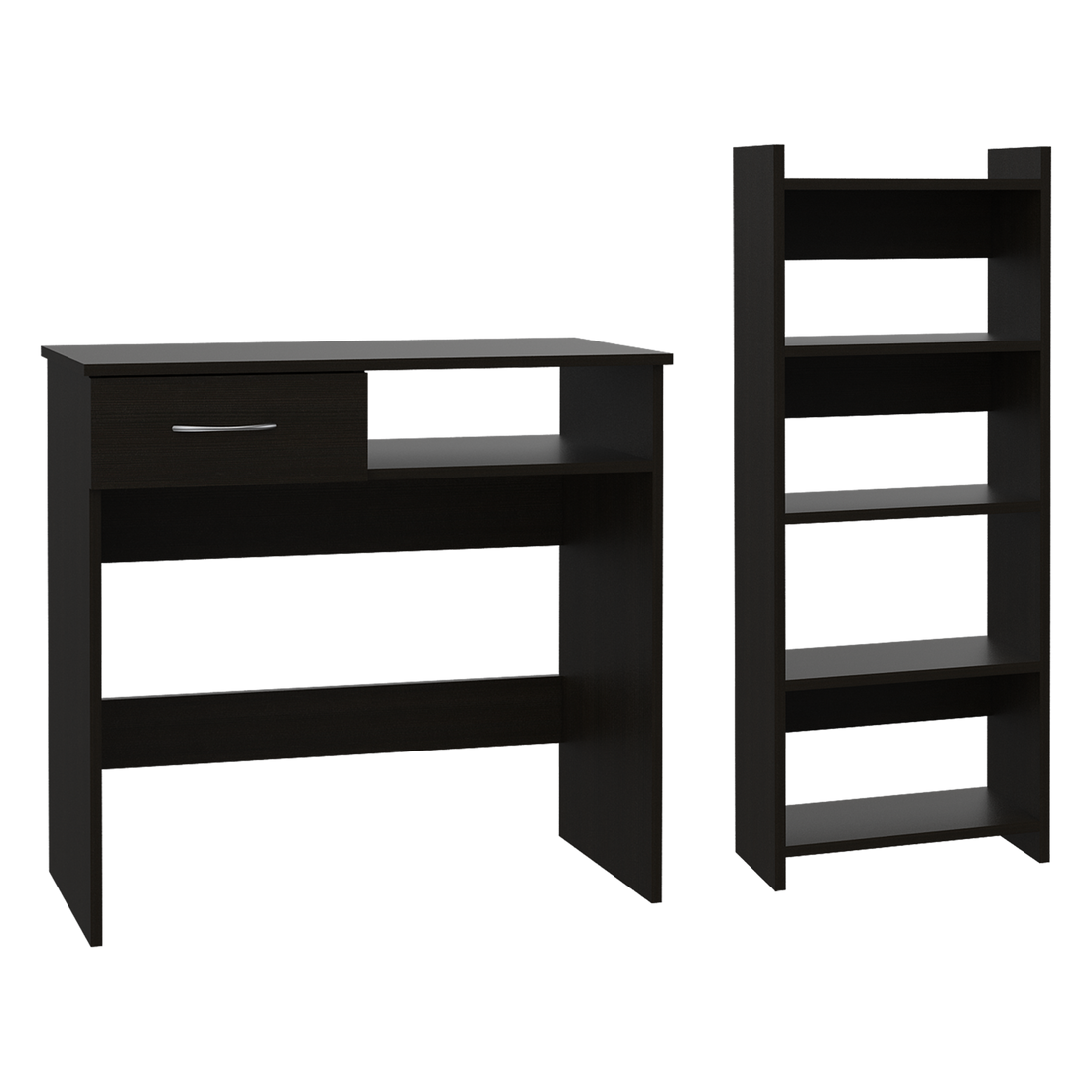 Home Office Set, Two Parts Set, One Drawer, Desktop, Keyboard Tray, Stand, Five Shelves, Black Black Particle Board Particle Board