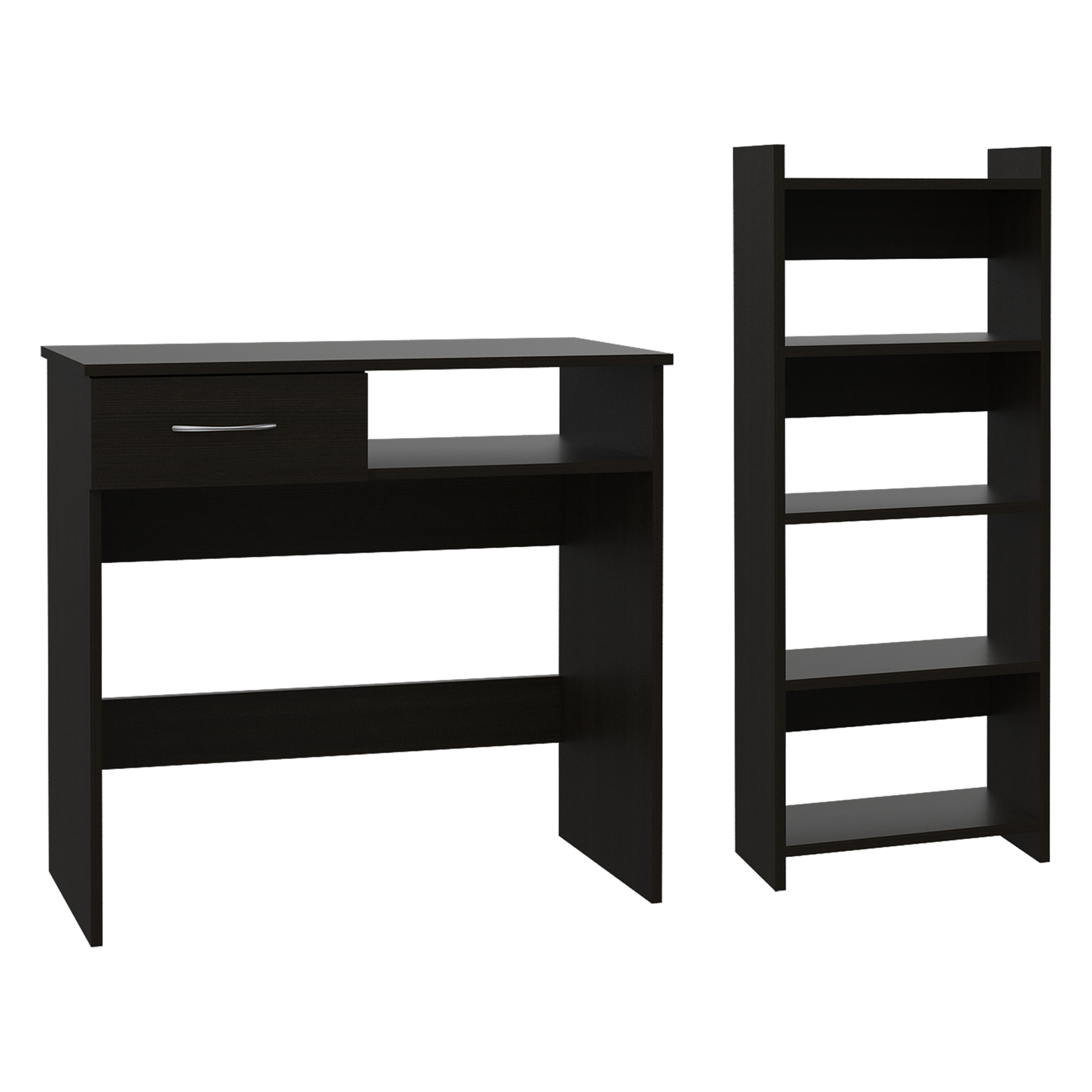 Home Office Set, Two Parts Set, One Drawer, Desktop, Keyboard Tray, Stand, Five Shelves, Black Black Particle Board Particle Board