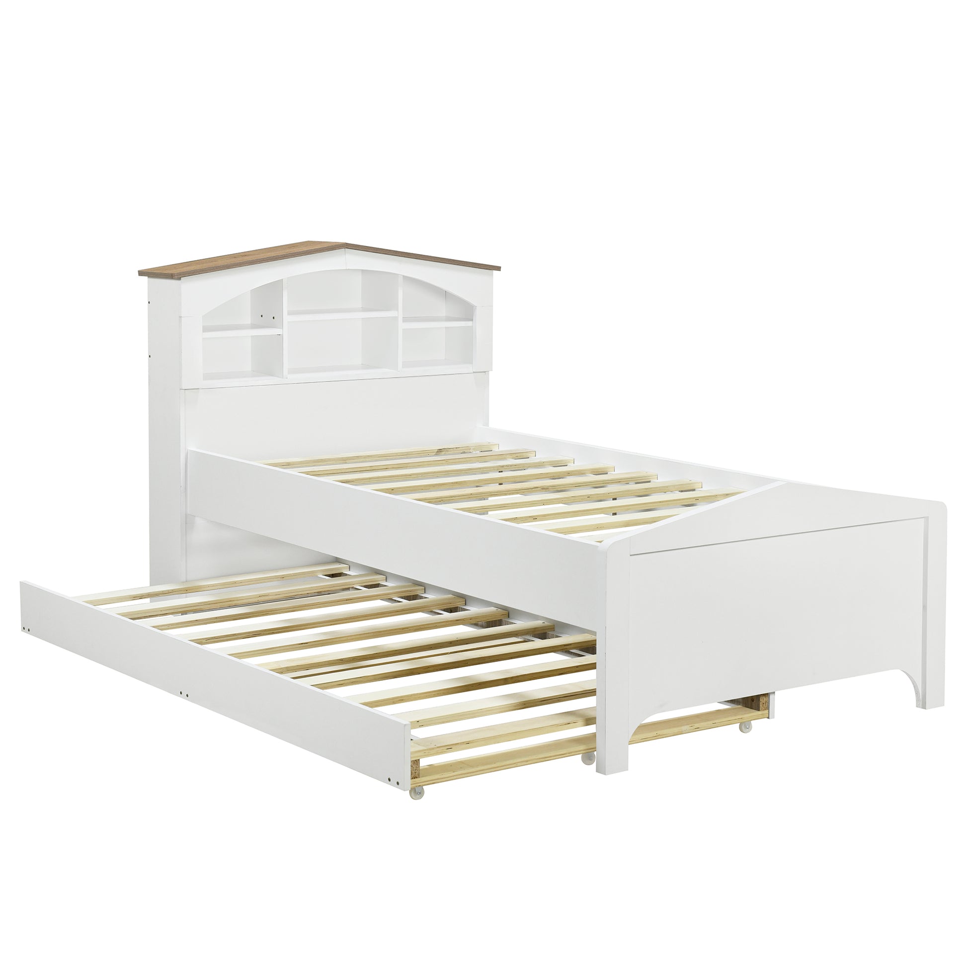 Twin Size Wood Platform Bed With House Shaped Storage Headboard And Trundle, White Box Spring Not Required Twin White Wood Bedroom Bed Frame Solid Wood Mdf