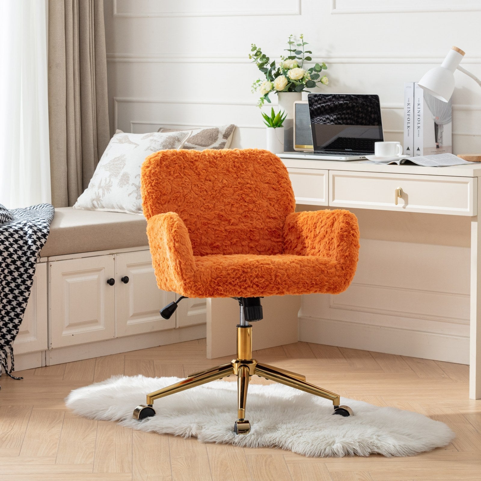 Office Chair,Artificial Rabbit Hair Home Office Chair With Golden Metal Base,Adjustable Desk Chair Swivel Office Chair,Vanity Chair Orange Orange Bedroom Foam Upholstered