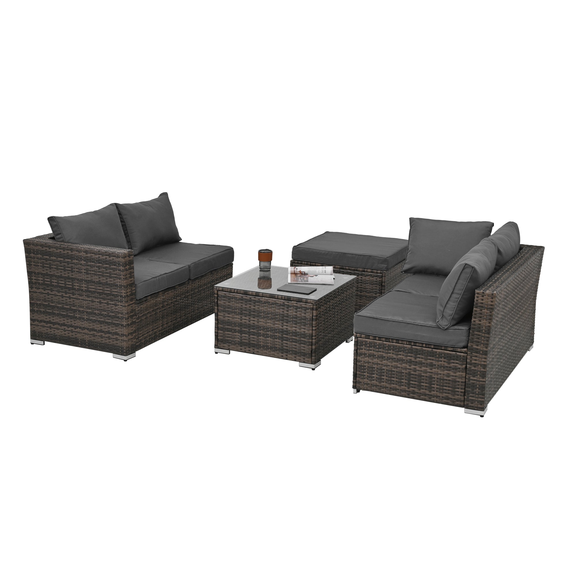 Patio Furniture, Outdoor Furniture, Seasonal Pe Wicker Furniture, 4 Set Wicker Furniture With Tempered Glass Coffee Table Brown Pe Rattan Iron Waterproof Fabric