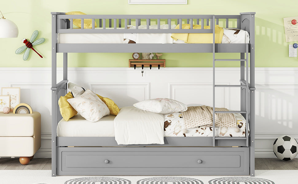 Twin Over Twin Bunk Bed With Twin Size Trundle, Convertible Beds, Gray Box Spring Not Required Twin Gray Bedroom Bunk Solid Wood Mdf