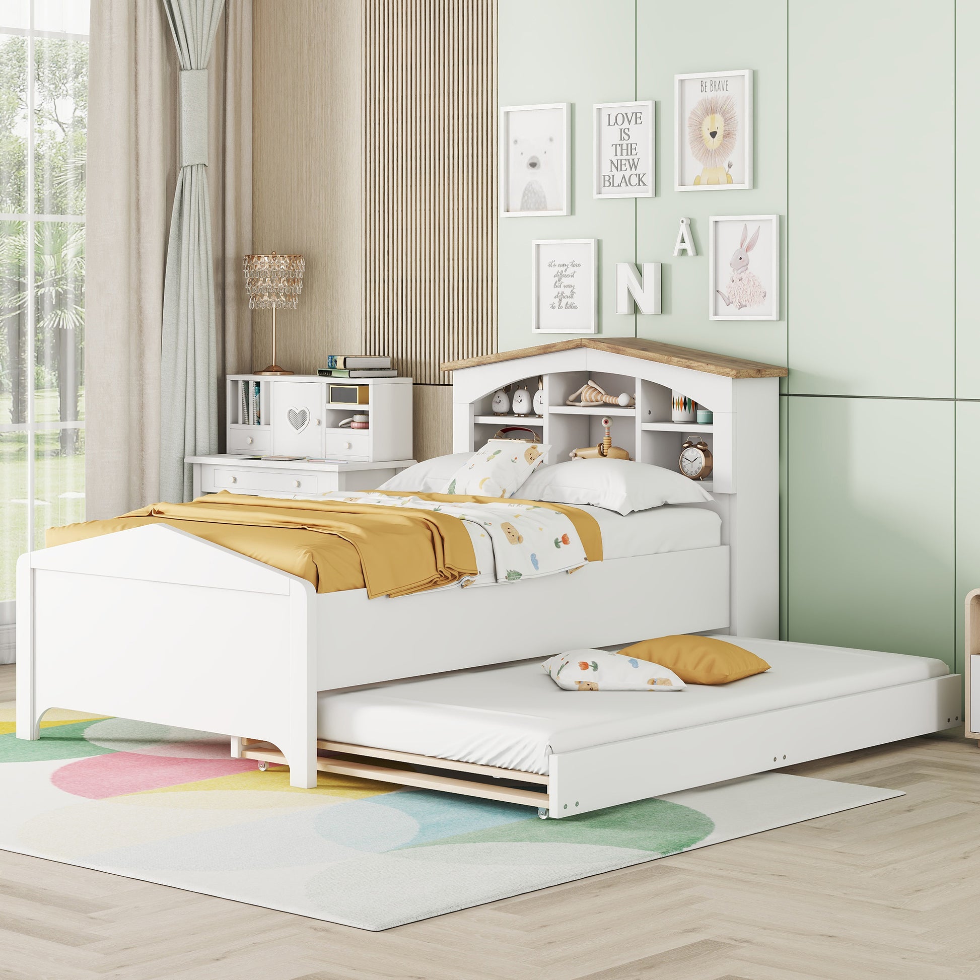 Twin Size Wood Platform Bed With House Shaped Storage Headboard And Trundle, White Box Spring Not Required Twin White Wood Bedroom Bed Frame Solid Wood Mdf