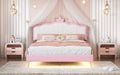 Full Size Upholstered Princess Bed With Crown Headboard,Full Size Platform Bed With Headboard And Footboard With Light Strips,Golden Metal Legs, White Pink Pink Pu