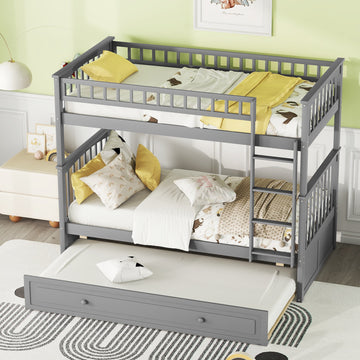 Twin Over Twin Bunk Bed With Twin Size Trundle, Convertible Beds, Gray Box Spring Not Required Twin Gray Bedroom Bunk Solid Wood Mdf