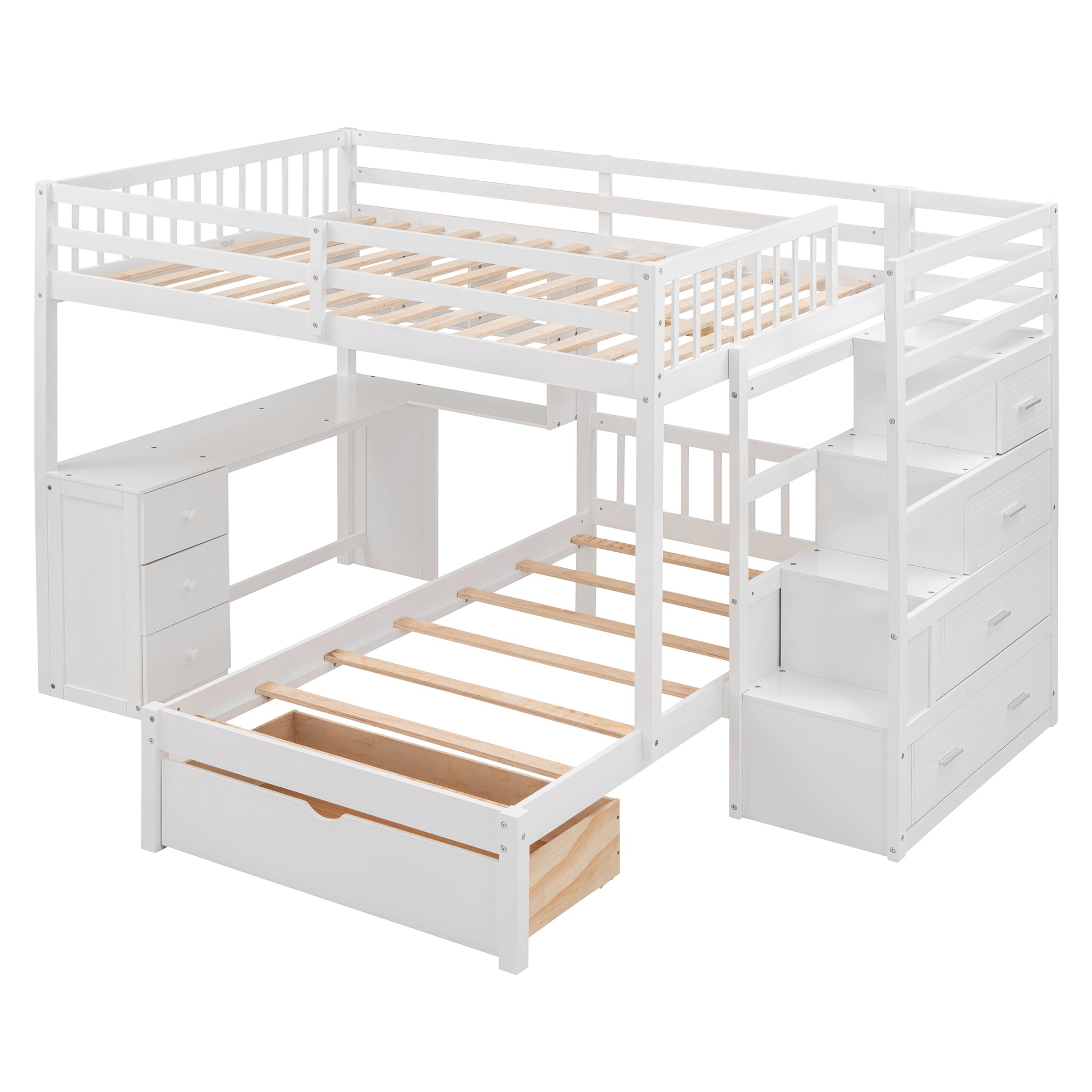 Full Over Twin Bunk Bed With Desk, Drawers And Shelves, White White Solid Wood