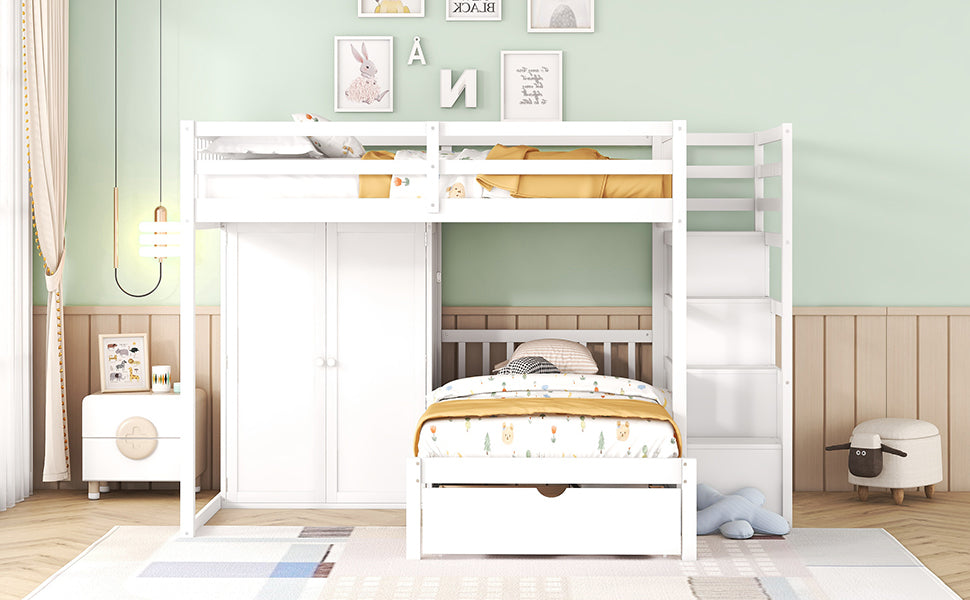 Full Over Twin Bunk Bed With Wardrobe, Drawers, White White Solid Wood