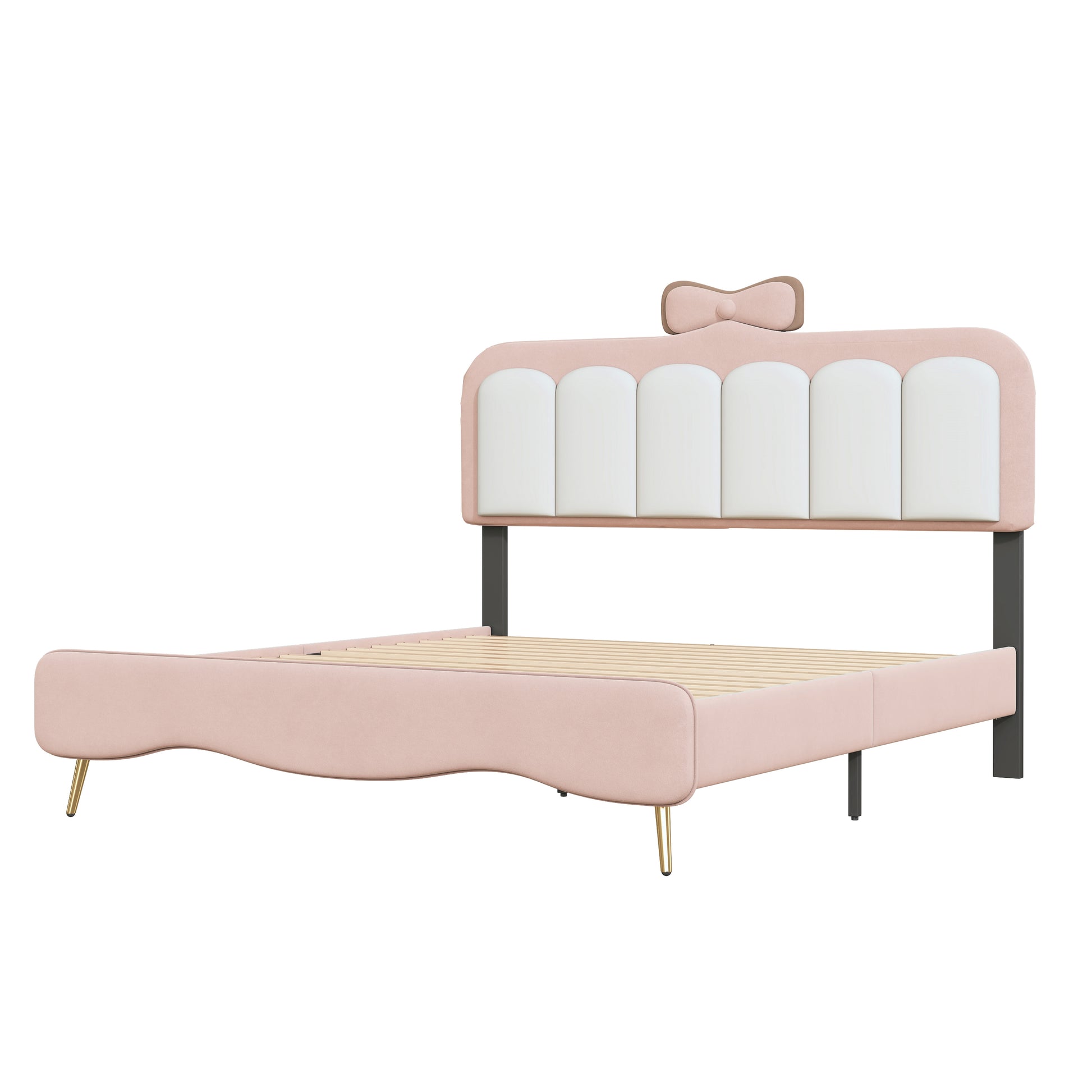 Full Size Velvet Princess Bed With Bow Knot Headboard,Full Size Platform Bed With Headboard And Footboard,White Pink Pink Velvet