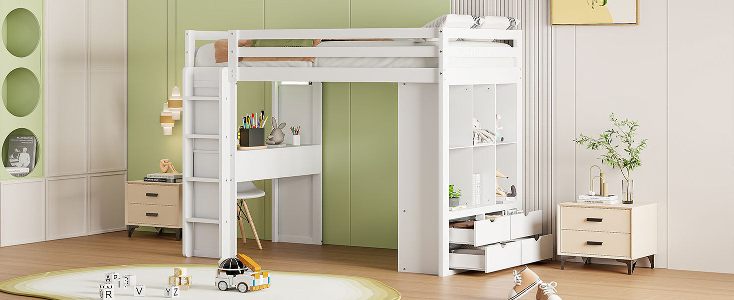 Twin Size Loft Bed With Large Shelves, Writing Desk And Led Light, White White Solid Wood Mdf