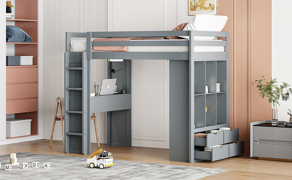 Twin Size Loft Bed With Large Shelves, Writing Desk And Led Light, Gray Gray Solid Wood Mdf