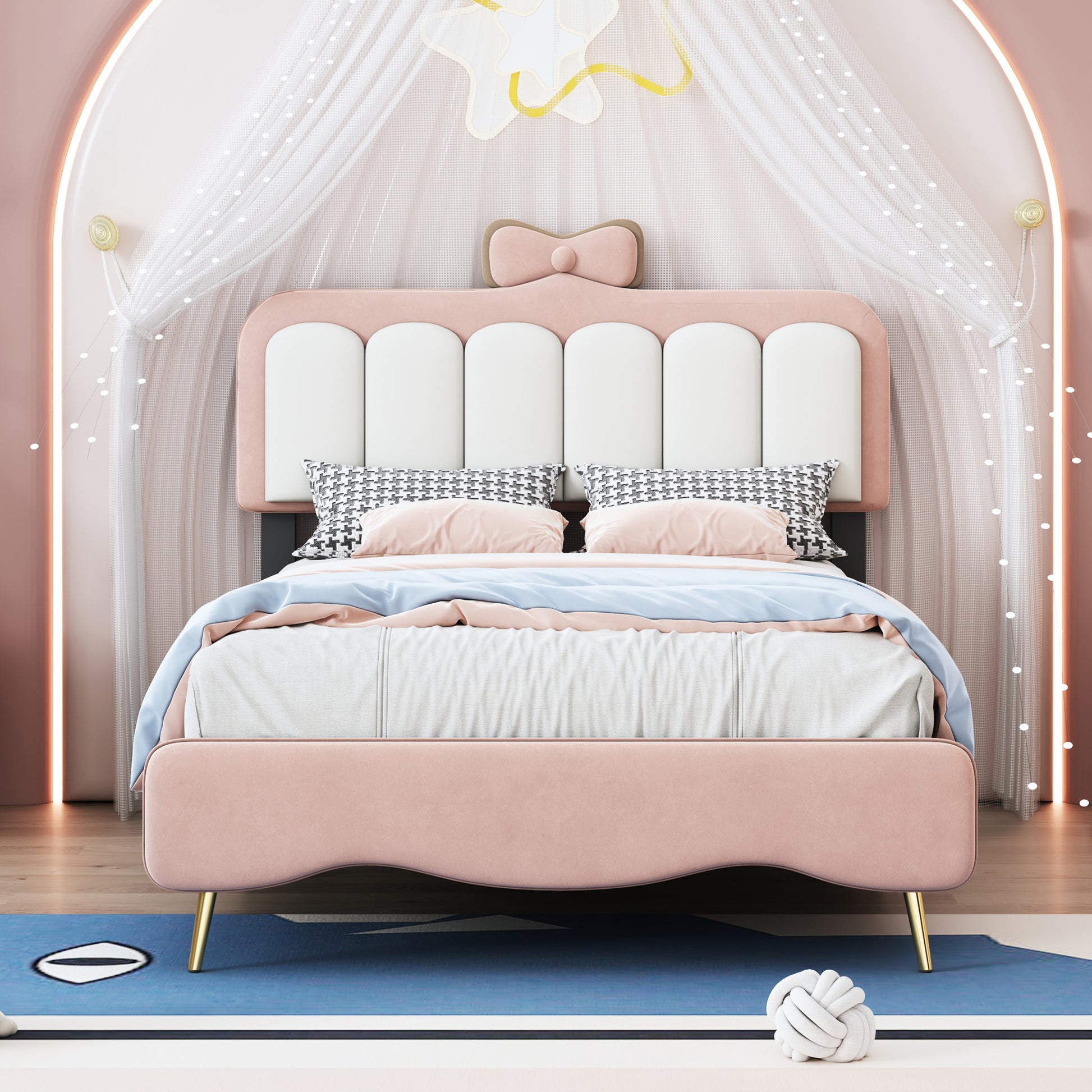 Twin Size Velvet Princess Bed With Bow Knot Headboard,Twin Size Platform Bed With Headboard And Footboard,White Pink Pink Velvet