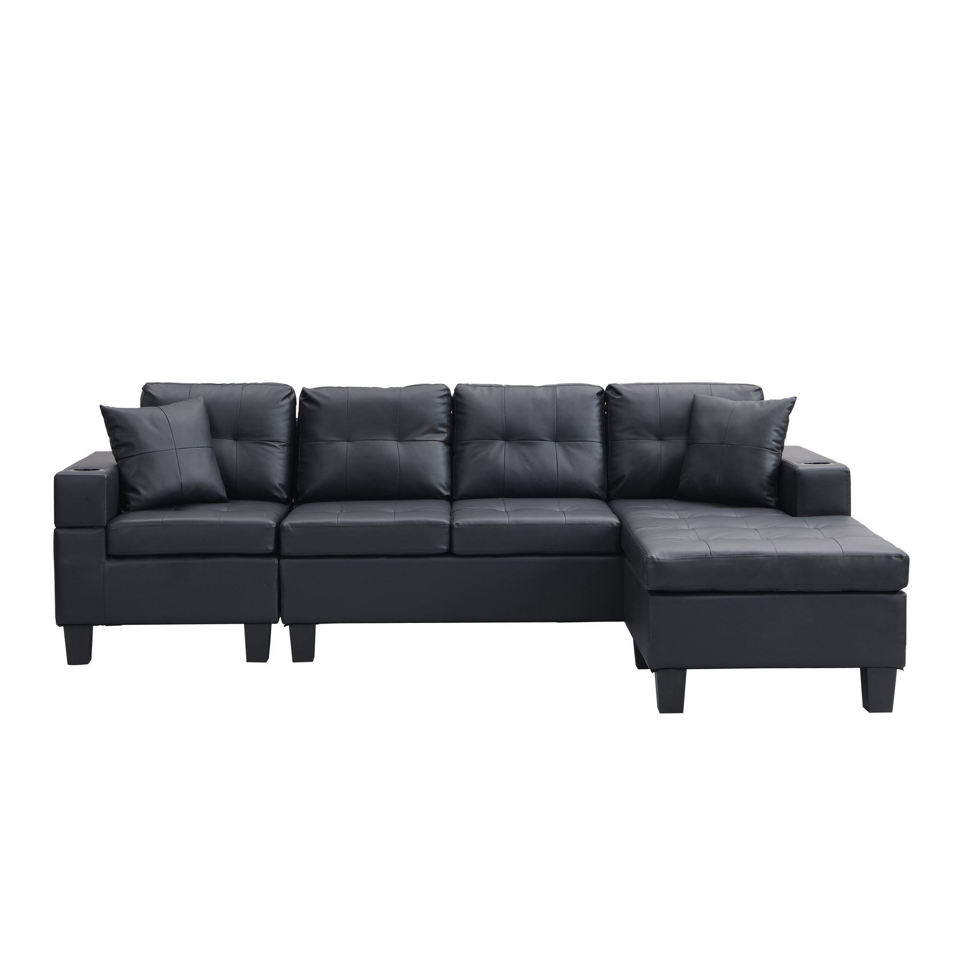 Sectional Sofa Set For Living Room With L Shape Chaise Lounge ,Cup Holder And Left Or Right Hand Chaise Modern 4 Seat Black Black Pu