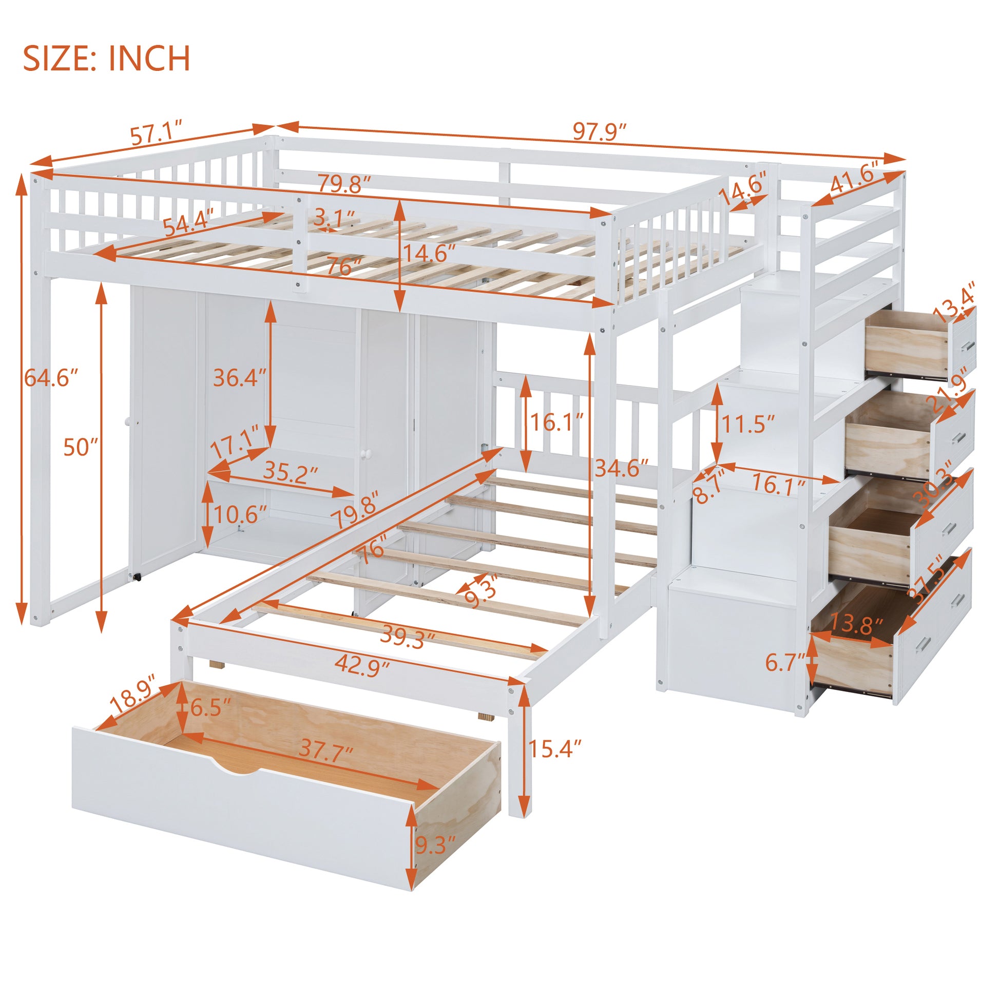 Full Over Twin Bunk Bed With Wardrobe, Drawers, White White Solid Wood