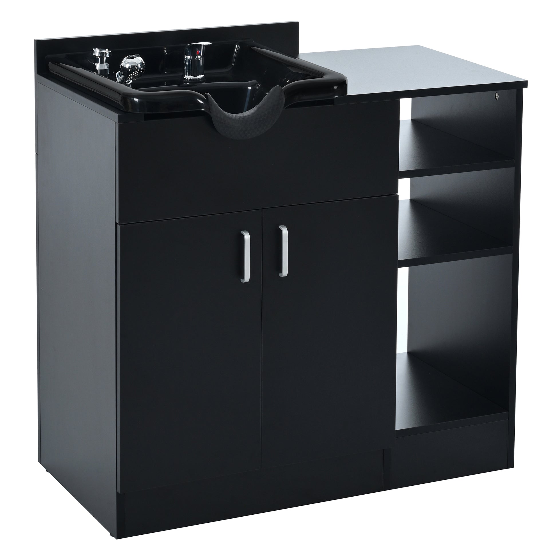 Shampoo Backwash Station For Salons,Salon Station With Shampoo Bowl & Storage Layer,Salon Equipment For Spa Beauty Black Classic,Modern Abs Steel Q235 Wood Pvc