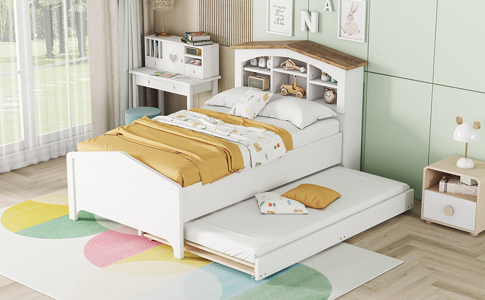 Twin Size Wood Platform Bed With House Shaped Storage Headboard And Trundle, White Box Spring Not Required Twin White Wood Bedroom Bed Frame Solid Wood Mdf