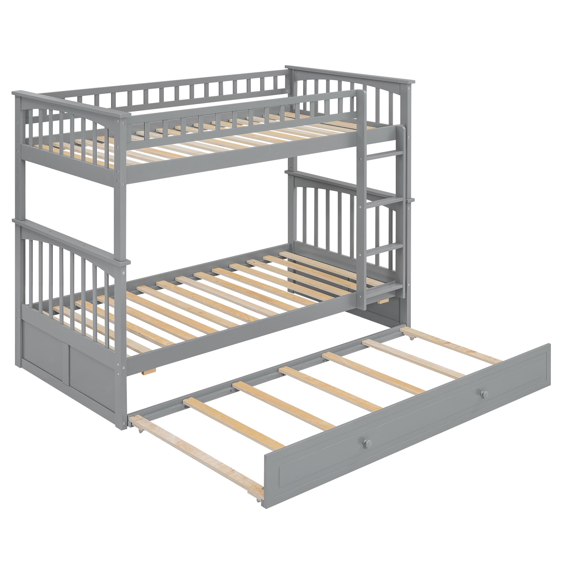 Twin Over Twin Bunk Bed With Twin Size Trundle, Convertible Beds, Gray Box Spring Not Required Twin Gray Bedroom Bunk Solid Wood Mdf