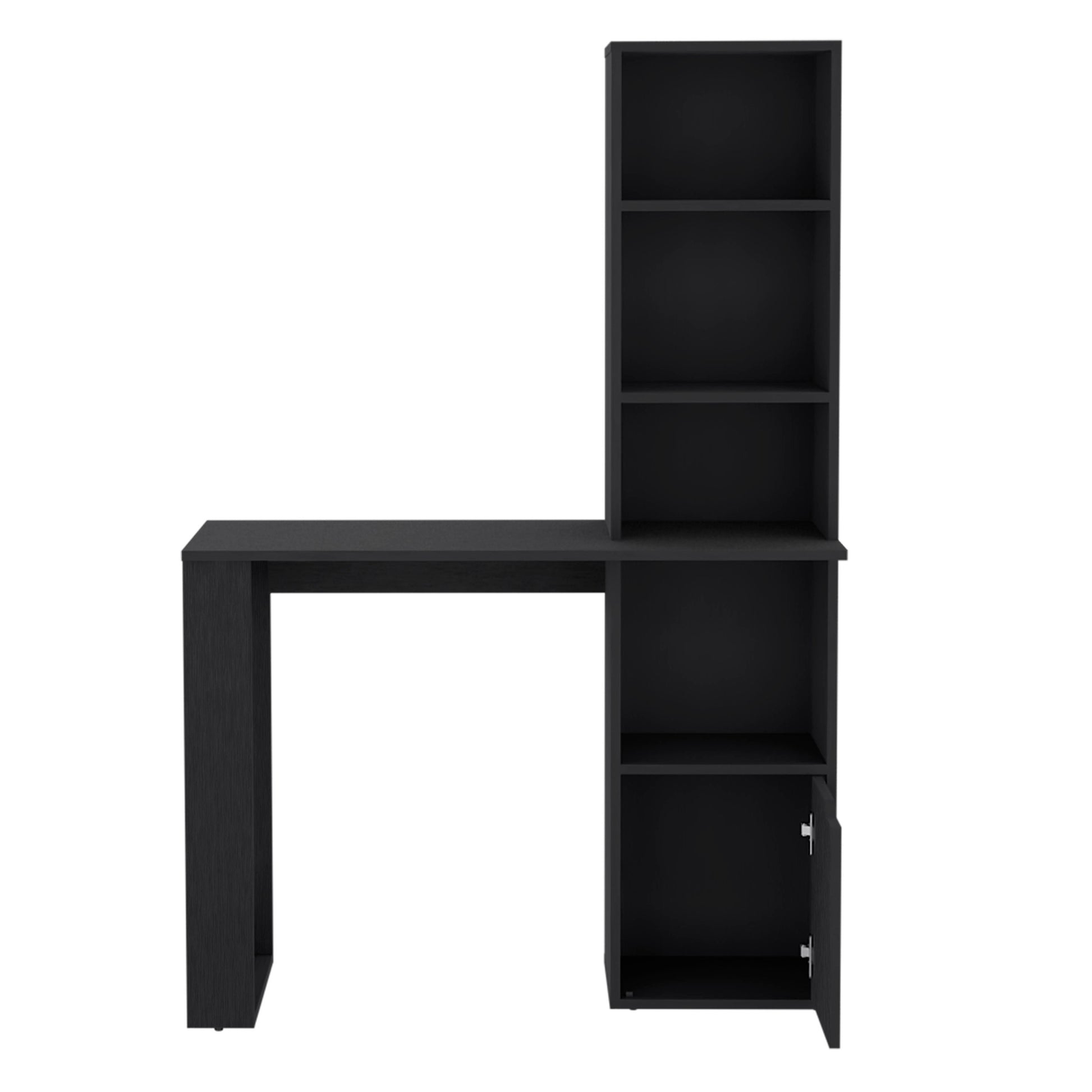 Black Writing Computer Desk With Storage Cabinet And Bookcase With 4 Shevels, For Small And Big Spaces. Black Particle Board Particle Board