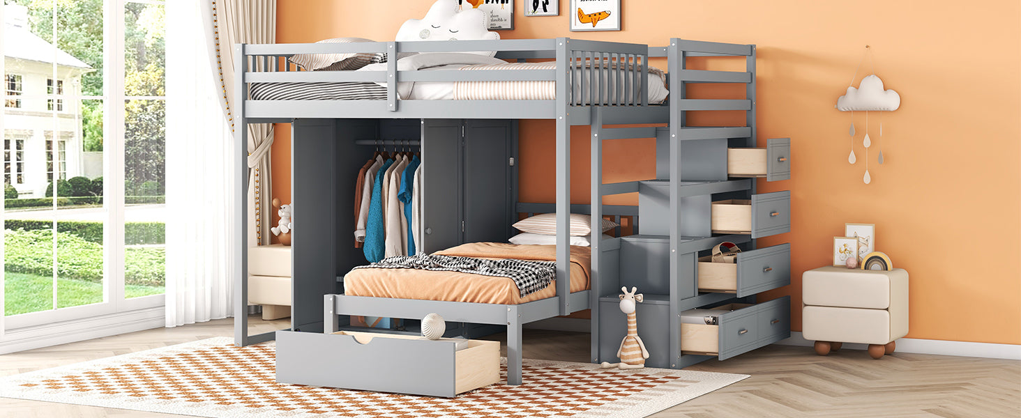 Full Over Twin Bunk Bed With Wardrobe, Drawers, Gray Gray Solid Wood