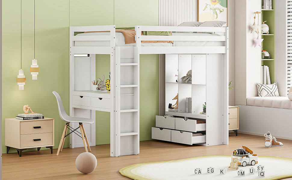 Twin Size Loft Bed With Large Shelves, Writing Desk And Led Light, White White Solid Wood Mdf