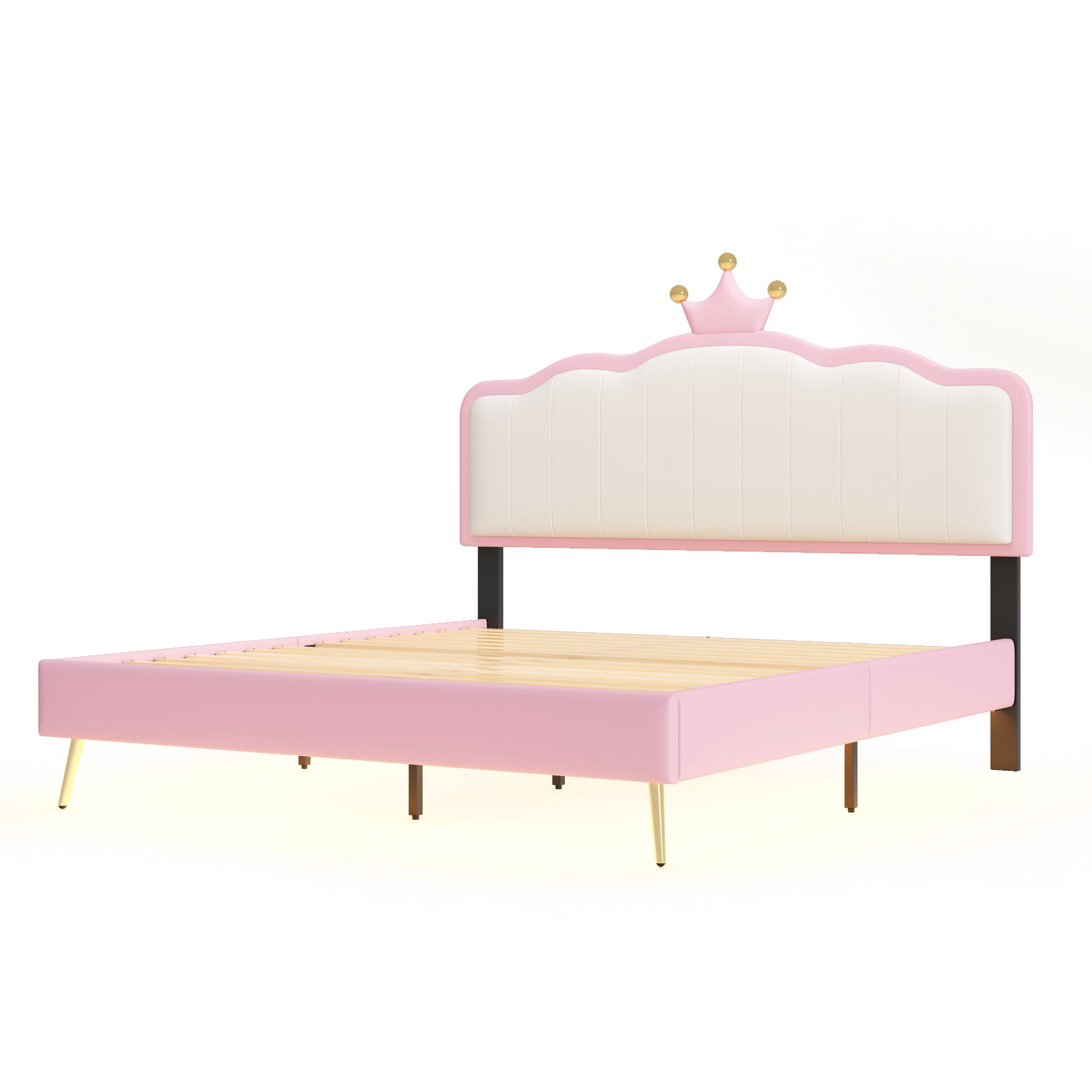 Full Size Upholstered Princess Bed With Crown Headboard,Full Size Platform Bed With Headboard And Footboard With Light Strips,Golden Metal Legs, White Pink Pink Pu