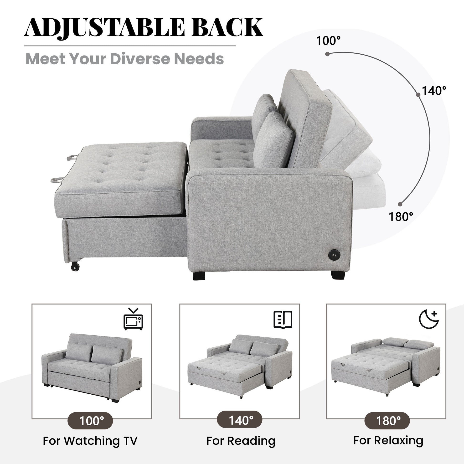 66.5" Linen Upholstered Sleeper Bedpull Out Sofa Bed Couch Attached Two Throw Pillows,Dual Usb Charging Port And Adjustable Backrest For Living Room Space, Gray Gray Foam Linen 2 Seat