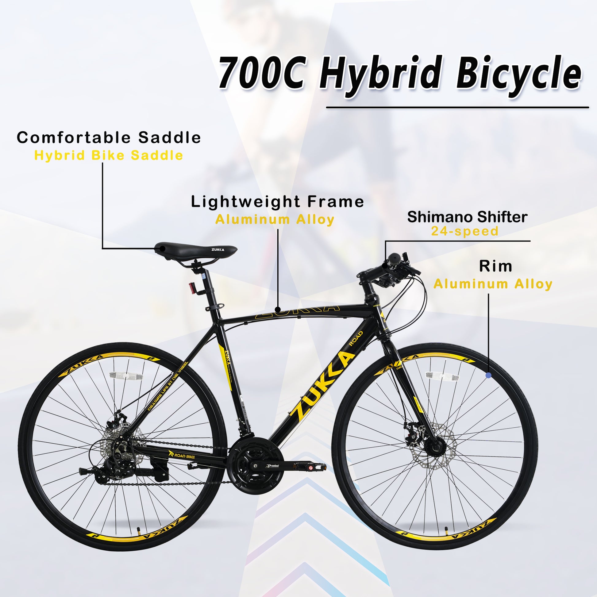 24 Speed Hybrid Bike Disc Brake 700C Road Bike For Men Women'S City Bicycle Black Aluminium