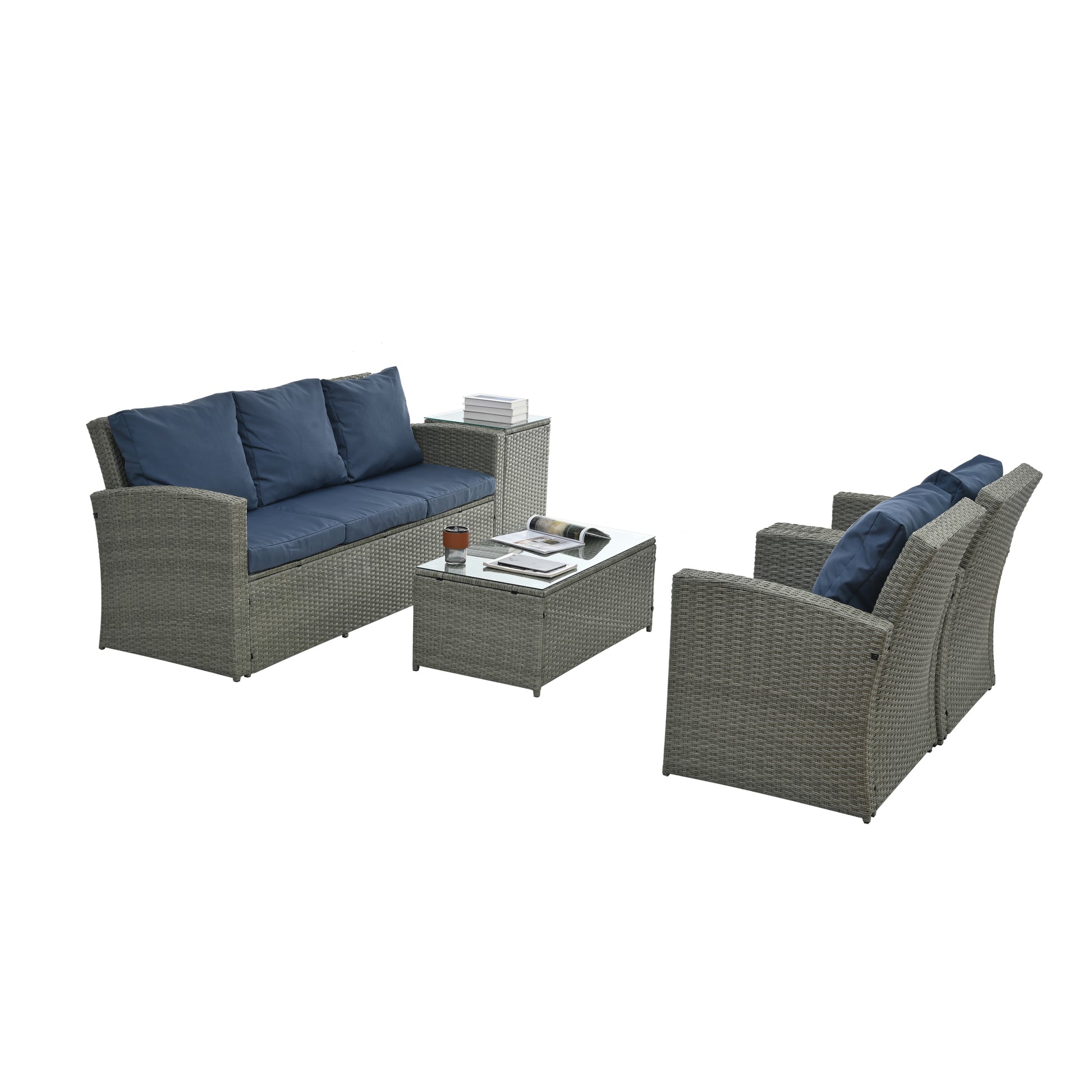 Patio Furniture, Outdoor Furniture, Seasonal Pe Wicker Furniture,5 Set Wicker Furniture With Tempered Glass Table Top Light Blue Pe Rattan Iron Waterproof Fabric