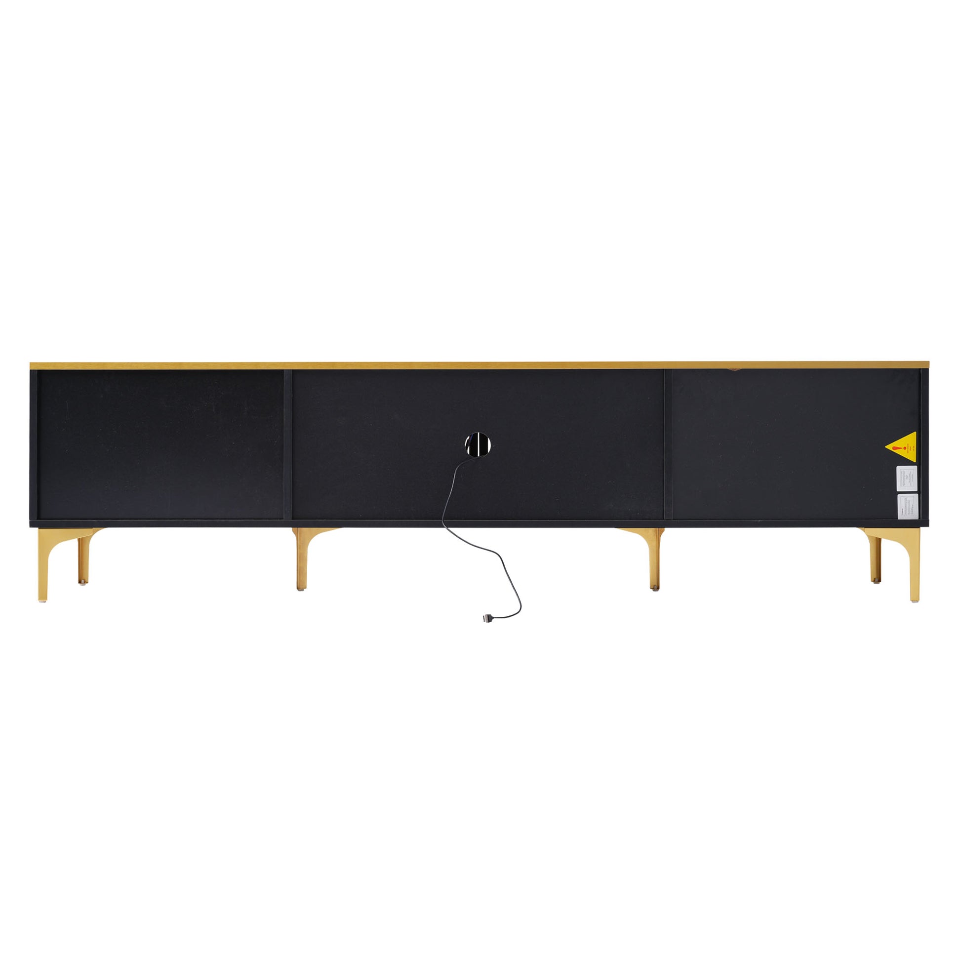 Stylish Led Tv Stand With Marble Veined Table Top For Tvs Up To 78'', Entertainment Center With Brown Glass Storage Cabinet, Golden Legs & Handles For Living Room, Black Gold Black Primary Living Space 70 79 Inches 70 79 Inches Particle Board