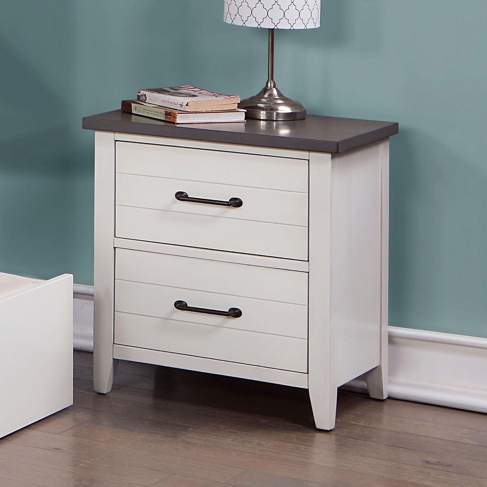 White Color Nightstand Bedroom 1Pc Nightstand Solid Wood Black Appliance Pull 2 Drawers Bedside Table Gray Top, Two Tone Finish White Gray 2 Drawers Bedroom Bedside Cabinet Classic,Contemporary,Modern Rubberwood Drawers Solid Wood