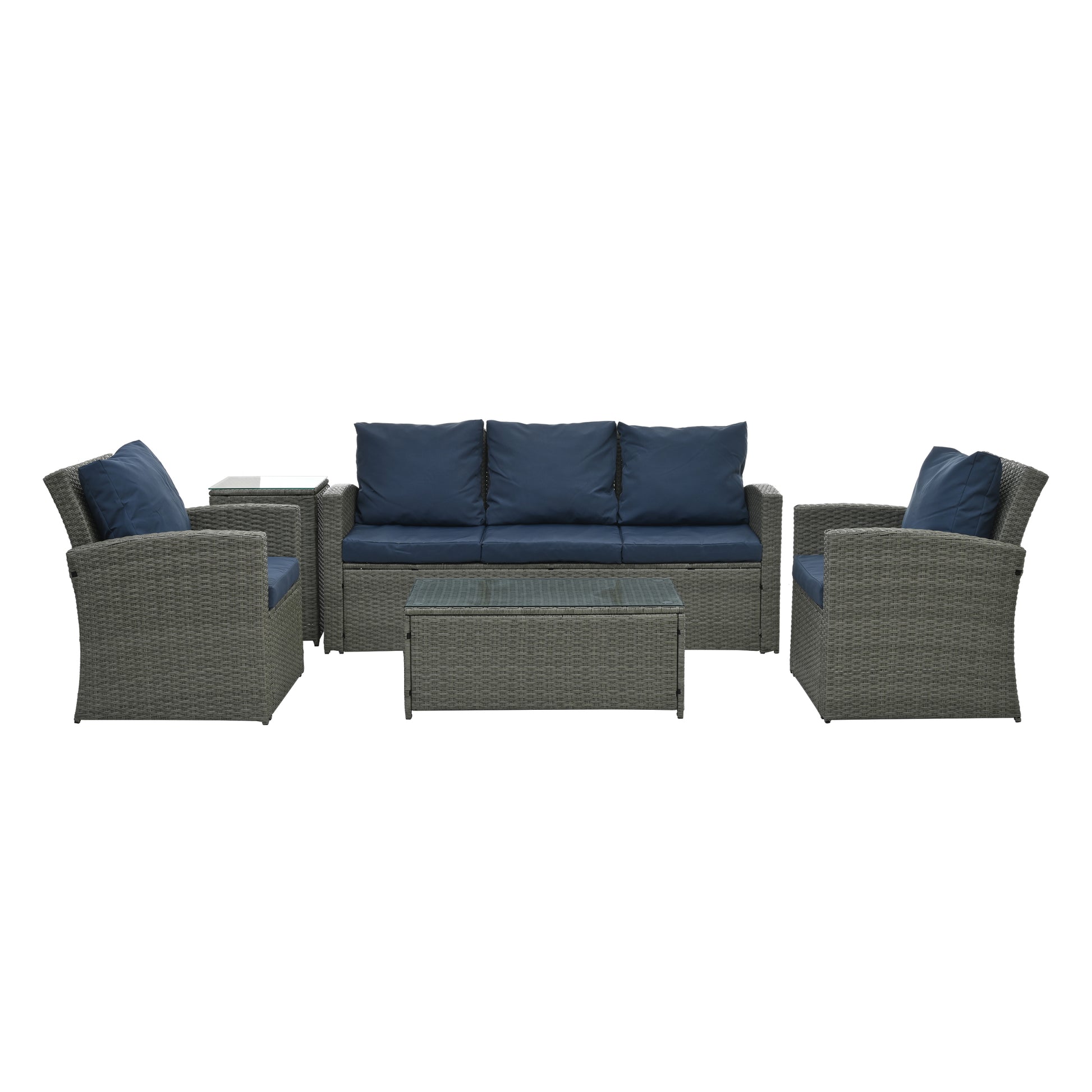 Patio Furniture, Outdoor Furniture, Seasonal Pe Wicker Furniture,5 Set Wicker Furniture With Tempered Glass Table Top Light Blue Pe Rattan Iron Waterproof Fabric
