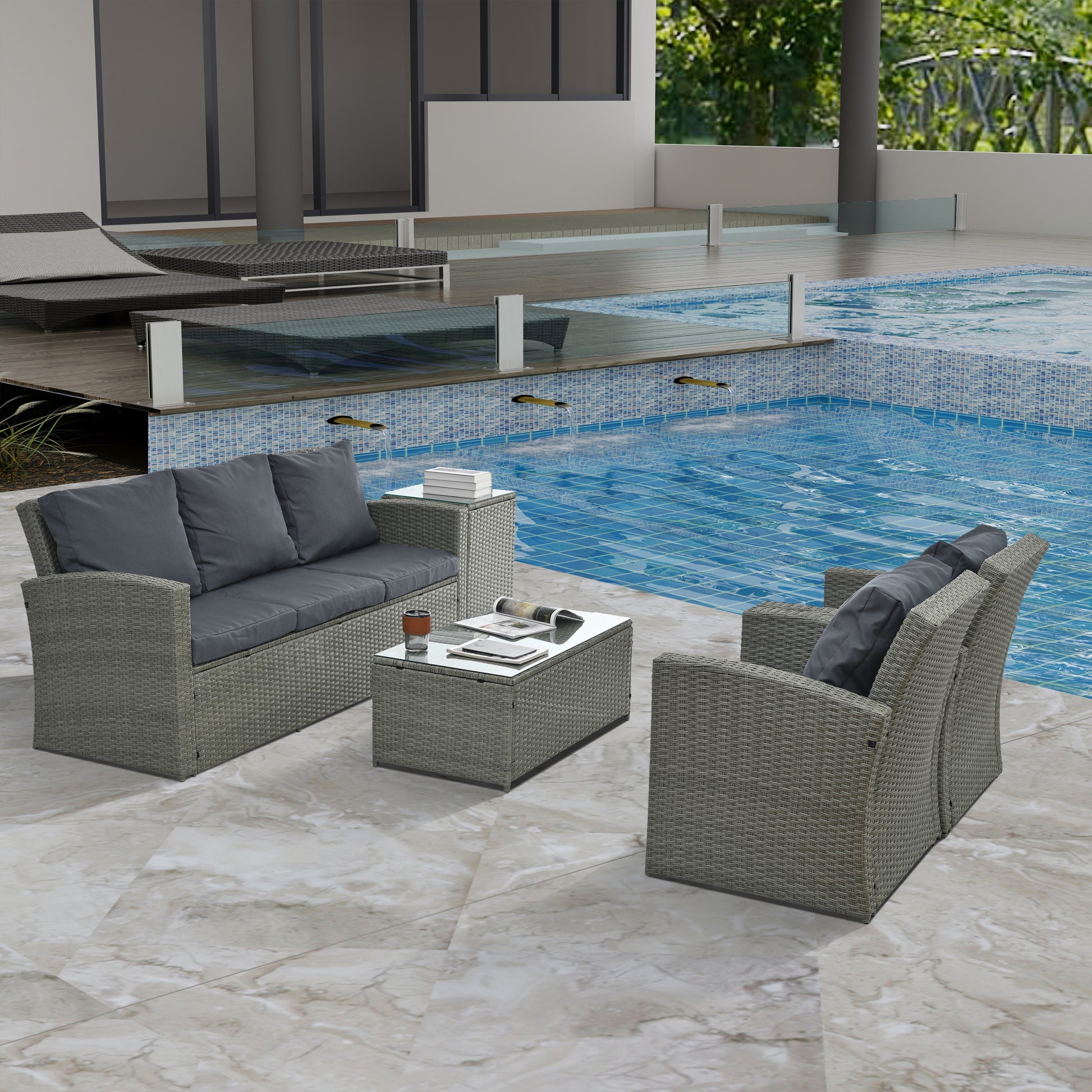 Patio Furniture, Outdoor Furniture, Seasonal Pe Wicker Furniture,5 Set Wicker Furniture With Tempered Glass Table Top Dark Gray Pe Rattan Iron Waterproof Fabric