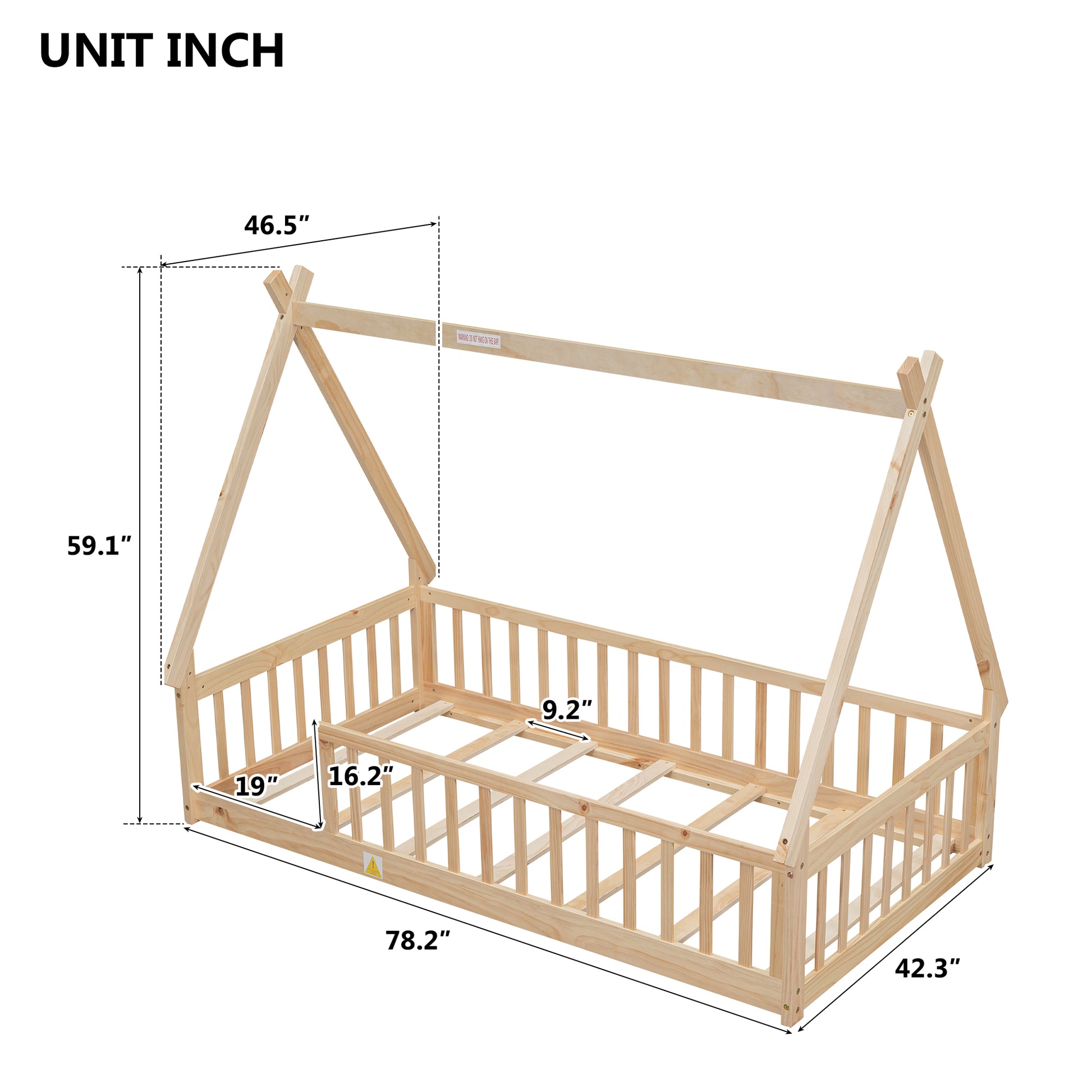 Twin Tent Shaped Floor Bed, Teepee Bed With Guardrails, Slats,Natural Twin Natural Wood Bedroom American Design Pine Bed Frame Pine