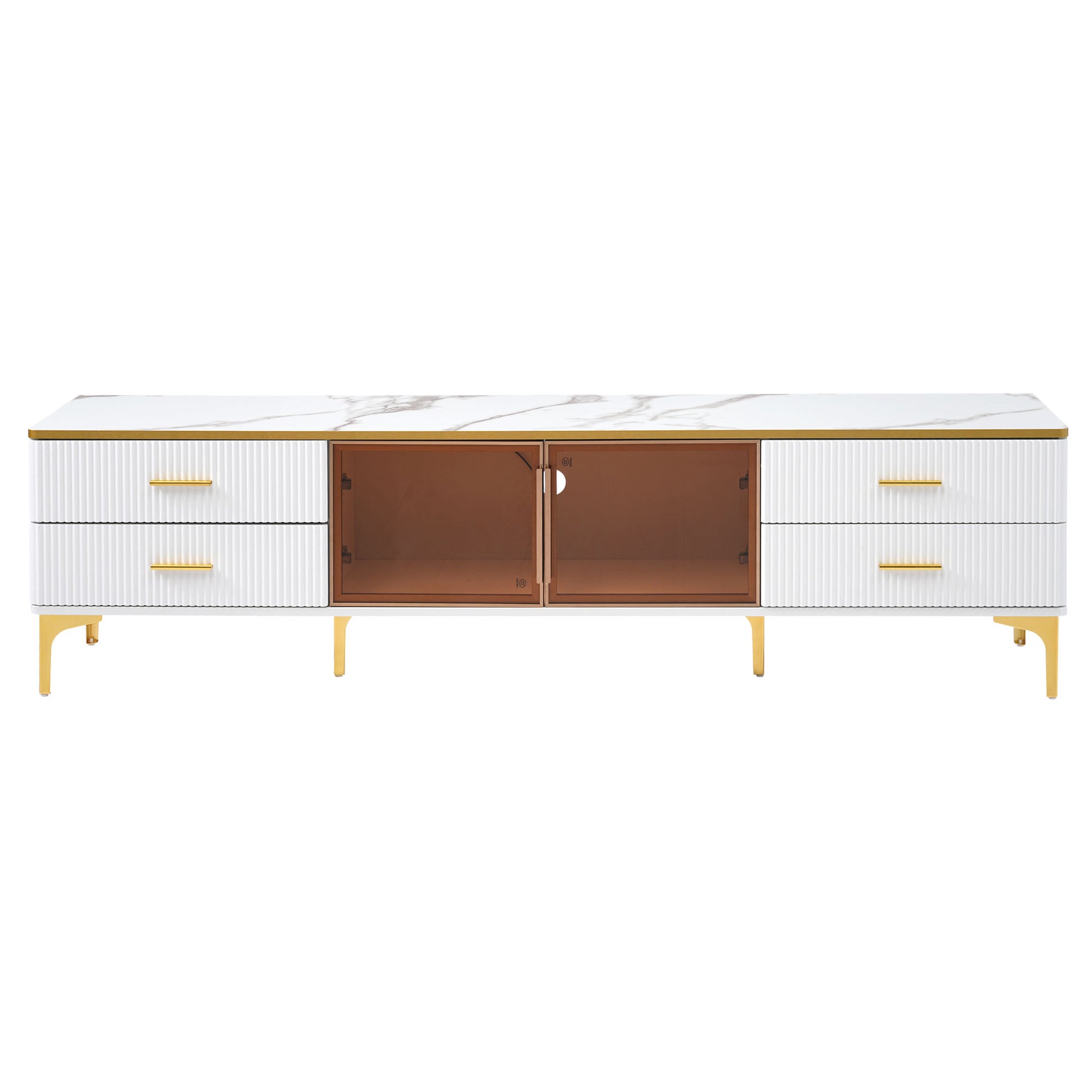 Stylish Led Tv Stand With Marble Veined Table Top For Tvs Up To 78'', Entertainment Center With Brown Glass Storage Cabinet, Golden Legs & Handles For Living Room, White Gold White Primary Living Space 70 79 Inches 70 79 Inches Particle Board