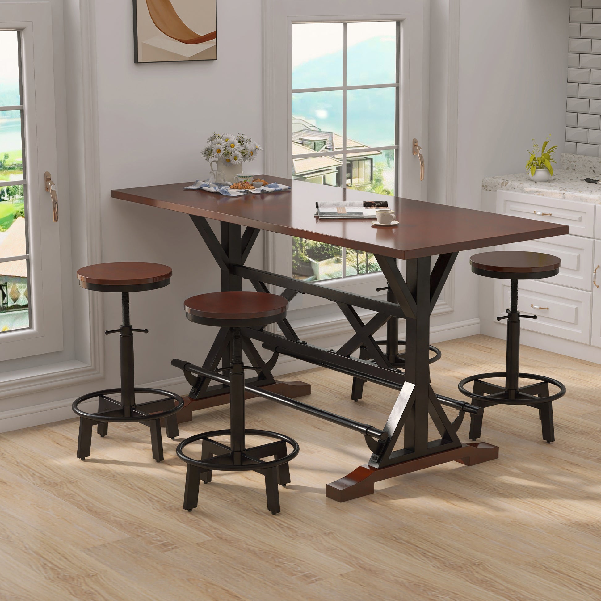 5 Piece Dining Table Set, 59" Wooden Sofa Side Table With Stabilizing Base, Rustic Brown Industrial Adjustable Height Chairs, Modern Bar Table And Chairs For Living Room, Dining Room, And Space Saving Metal Espresso Wood Classic Rectangular Solid Wood
