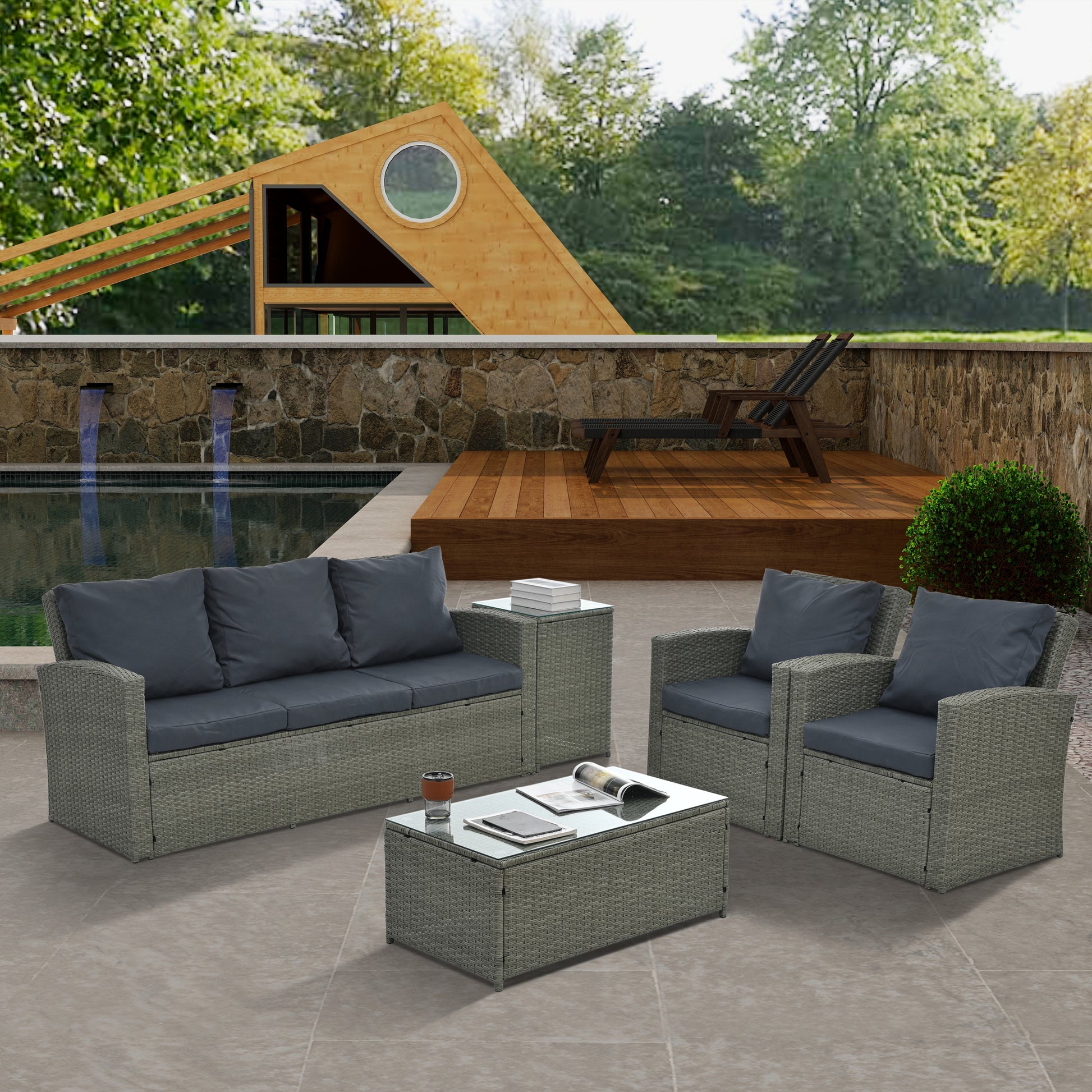 Patio Furniture, Outdoor Furniture, Seasonal Pe Wicker Furniture,5 Set Wicker Furniture With Tempered Glass Table Top Dark Gray Pe Rattan Iron Waterproof Fabric